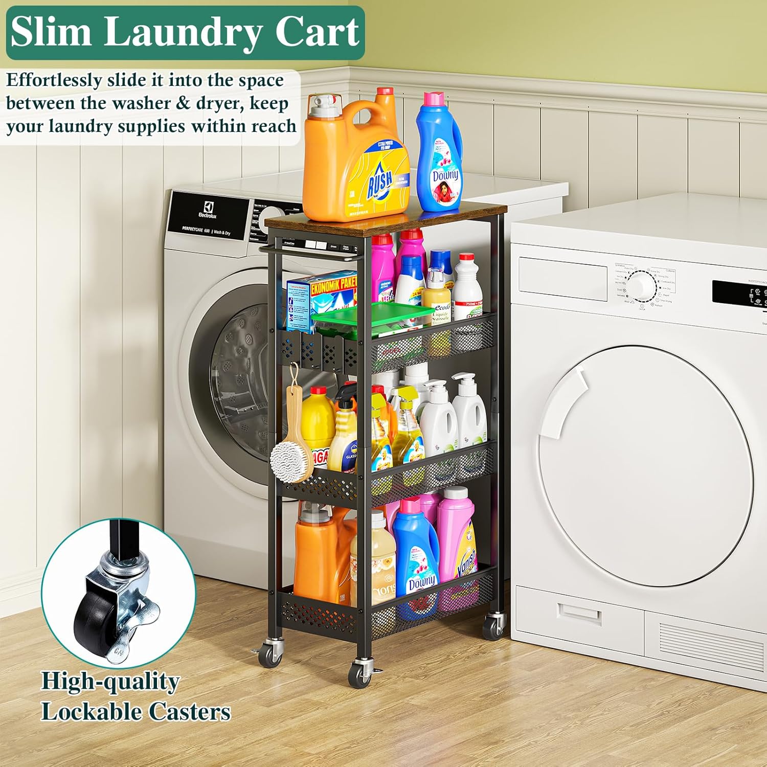 Utility Slim Storage Cart, 4-Tier Narrow Bathroom Organizer and Storage Cart, Metal Narrow Kitchen Laundry Room Organization Rack with Wood Top, Slim Rolling Shelf with Wheels for Small Space - Image 4