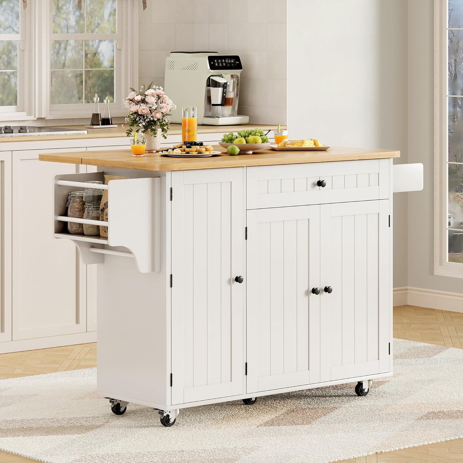 Kitchen Island with Storage, 41.7" Width Rolling Cart with Drawer, Rolling Kitchen Island on Wheels with Drop Leaf, Towel Rack, and Drawer, White, 41.7" L x 29.5" W - Image 2