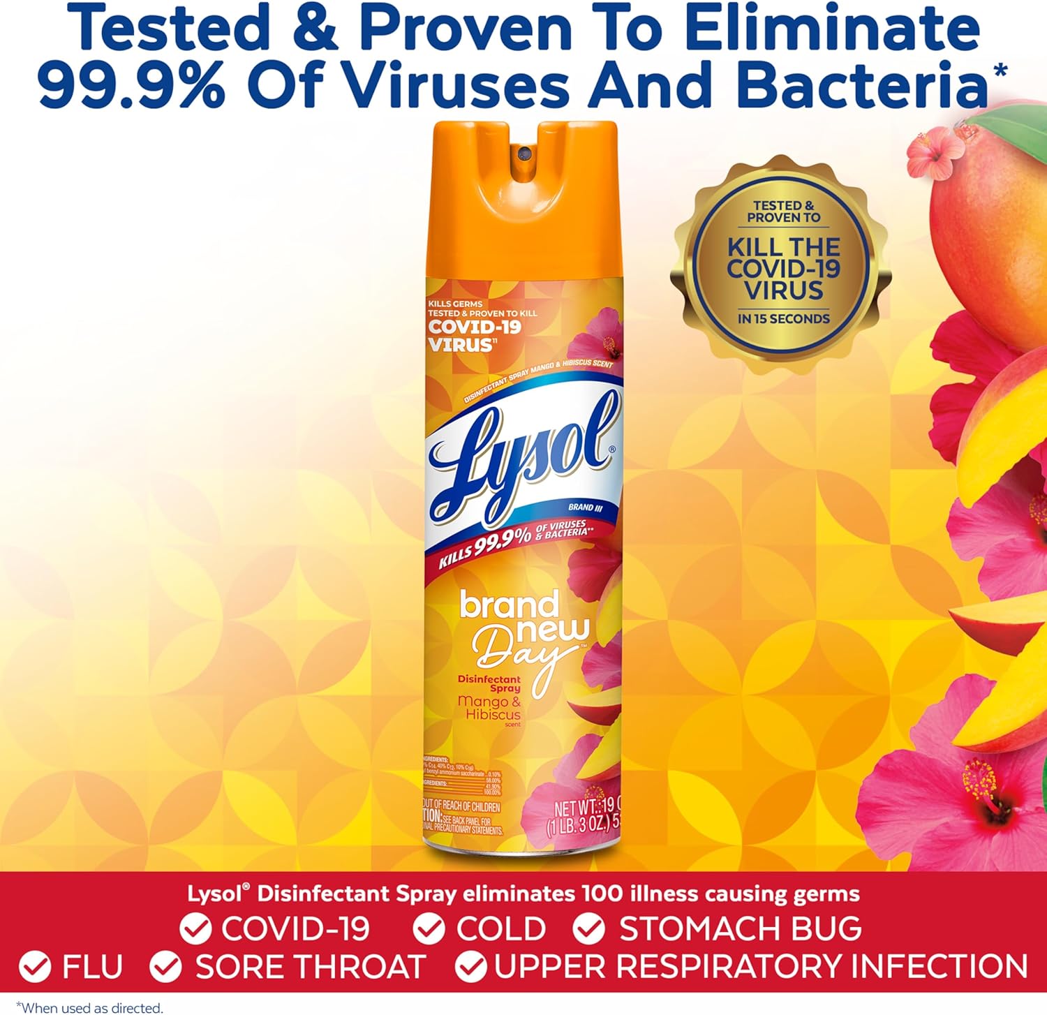 Lysol Disinfectant Spray, Sanitizing and Antibacterial Spray, For Disinfecting and Deodorizing, Mango & Hibiscus, 19 Fl. Oz (Pack of 2) - Image 3