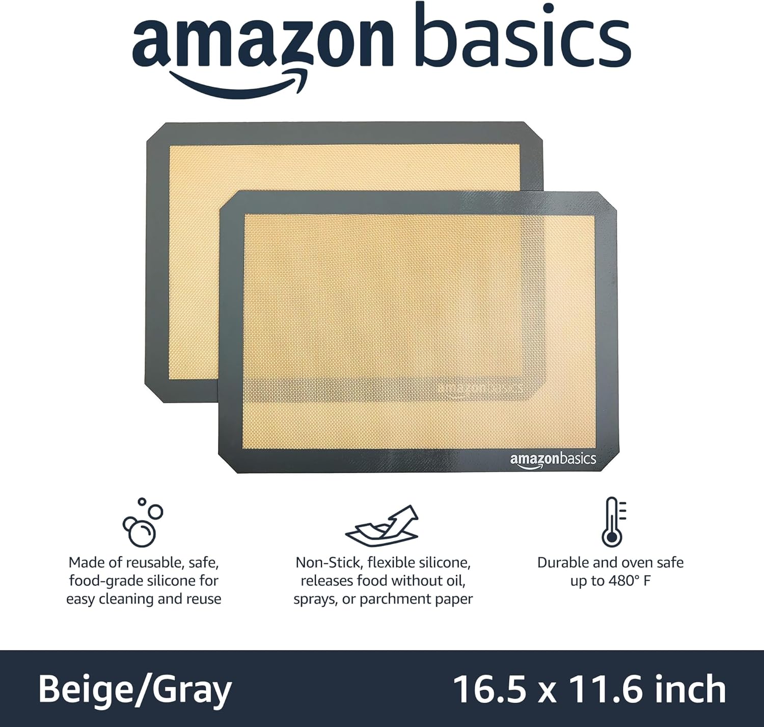 Amazon Basics Silicone Rectangular Baking Mat, Non-Stick Reusable Oven Bakeware, 16.5" x 11.6", New Beige/Gray, Pack of 2 - Image 2