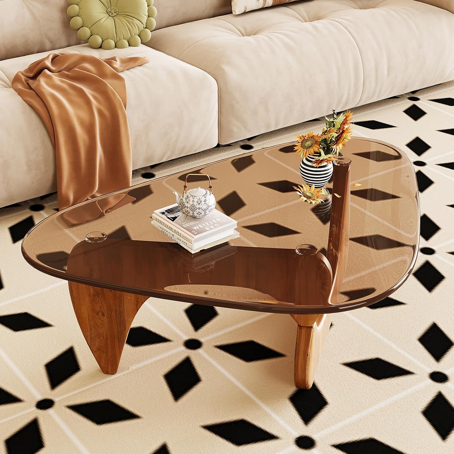 CAJCA Coffee Table for Living Room Mid Century Modern Center Table with Glass Top and Wood, Brown/Walnut - Image 5
