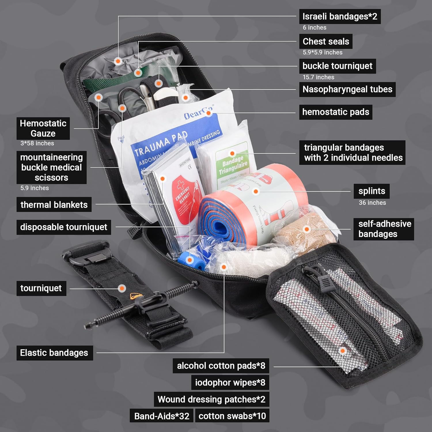 IFAK Trauma Kit with Tourniquet, 6-Inch Israeli Bandage, Splint, Tactical First Aid Kit for Car, Camping, Hiking and Travel with Molle Bag (Stellar Black) - Image 2