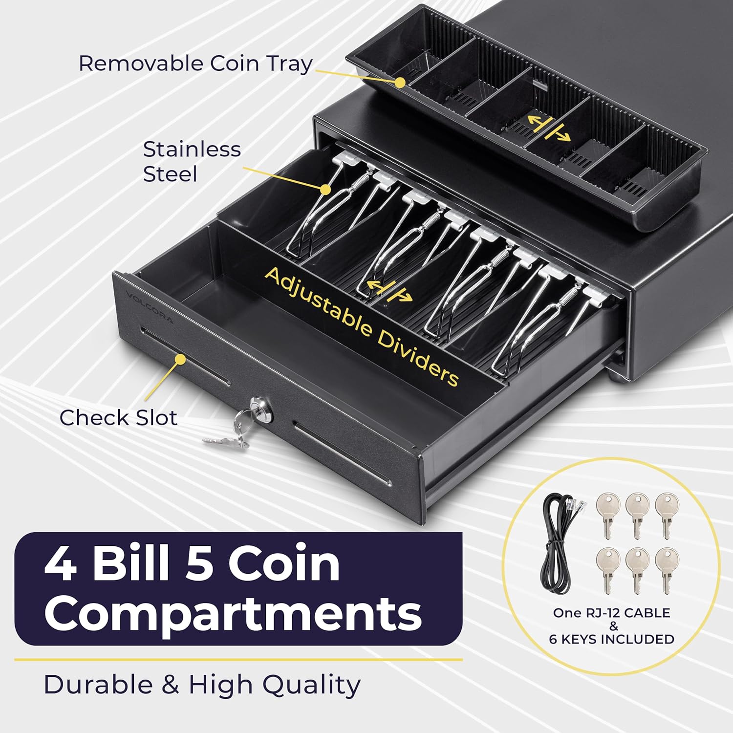 Volcora 13" Electronic Cash Register Drawer for Point of Sale (POS) System with 4 Bill 5 Coin Cash Tray, Removable Coin Compartment, 12-24V, RJ11/RJ12 Key-Lock, Black - for Small Businesses - Image 3