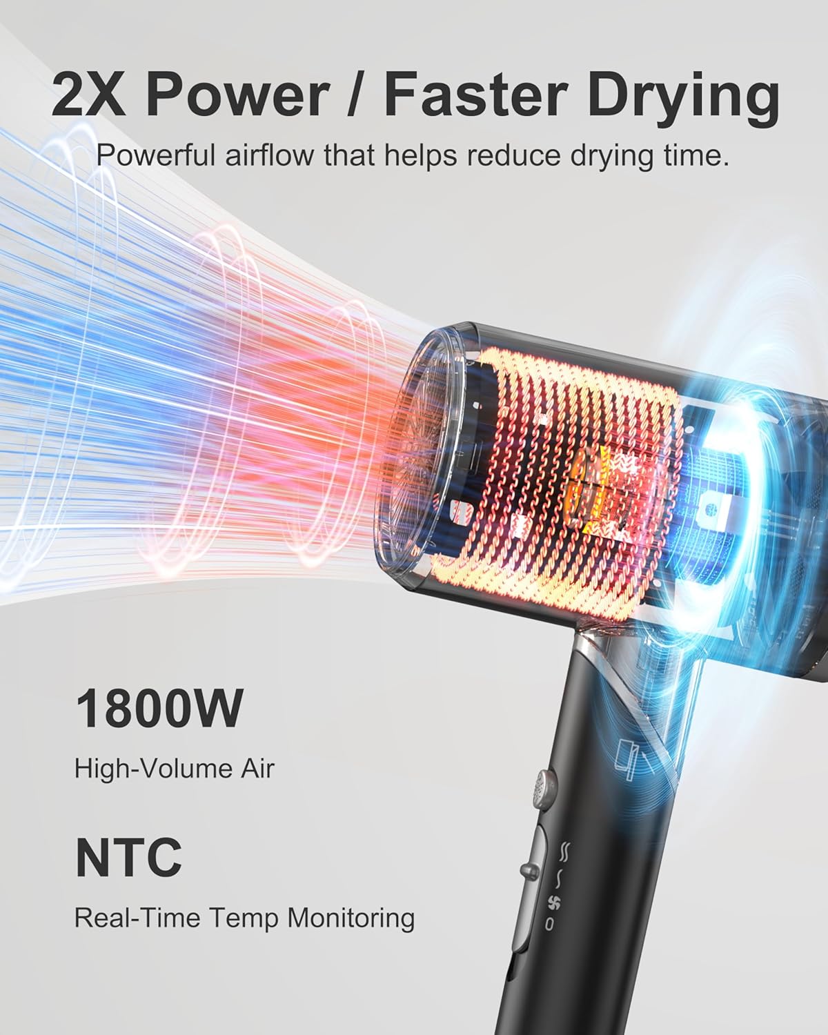 Hair Dryer with Comb | 1800W Blow Dryer with Diffuser for Curly Hair | Plasma Ionic Hairdryer for Frizz Control | Foldable & Protable Design for Travel | 6.5 ft ALCI Cord for Women and Men - Image 2