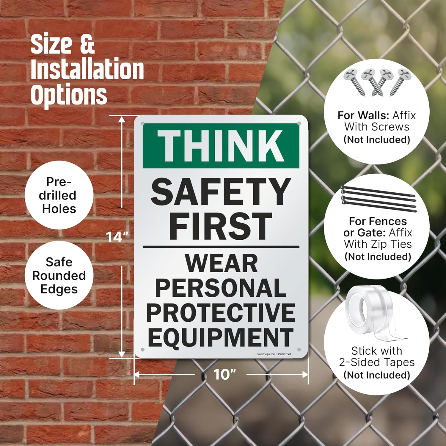 SmartSign - S-2917-AL-14 "Think Safety First - Wear Personal Protective Equipment" Sign | 10" x 14" Aluminum 10" x 14" Non-Reflective Aluminum - Image 6