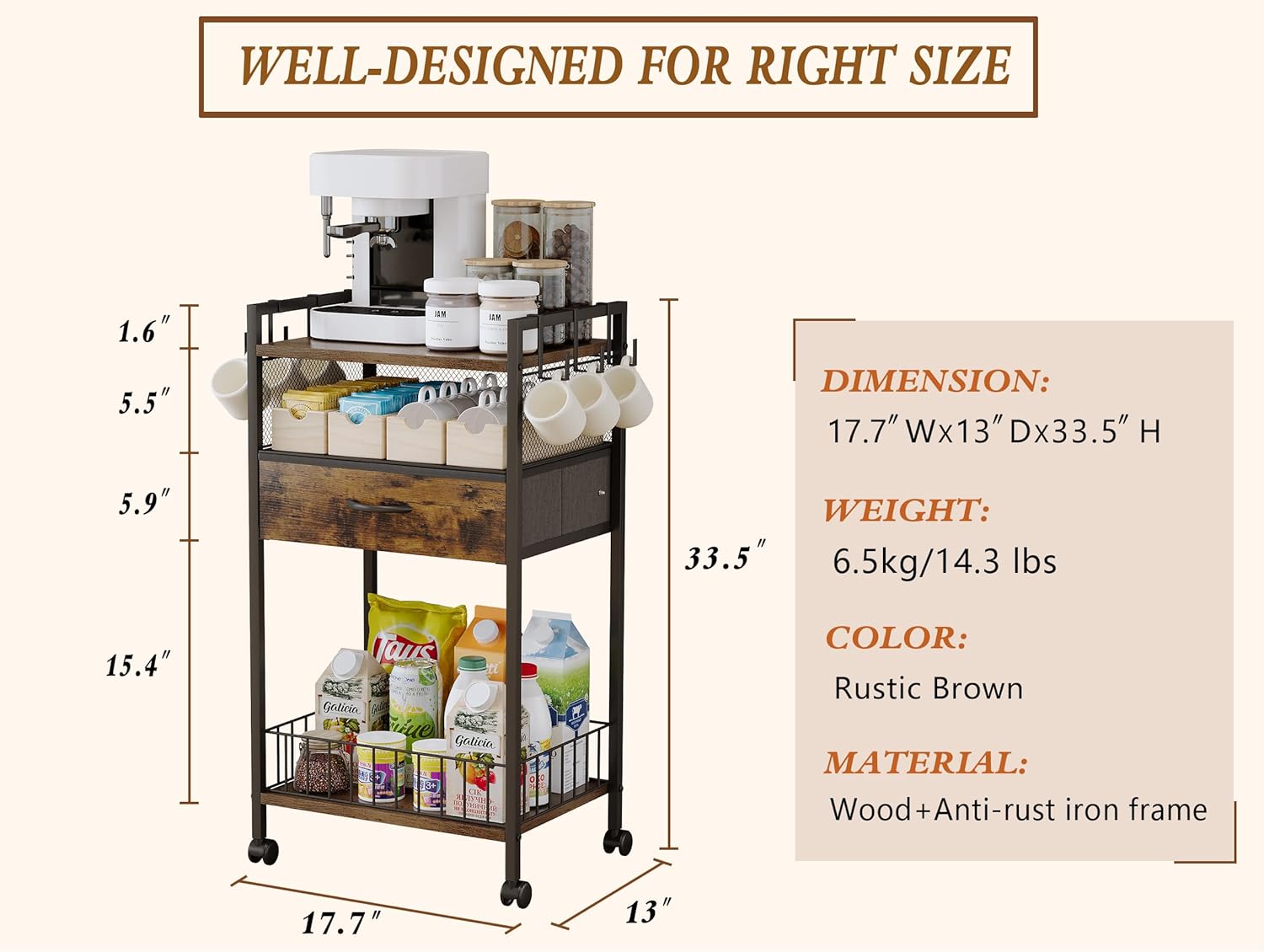 Small Coffee Bar Cart with Drawer Srorage, Office Coffee Bar Station Organizer Mug Cup Holder Stand, K Cup Holder Rack for Home Buffets & Sideboards for Kichen, Entryway, Living Room (Black) - Image 6
