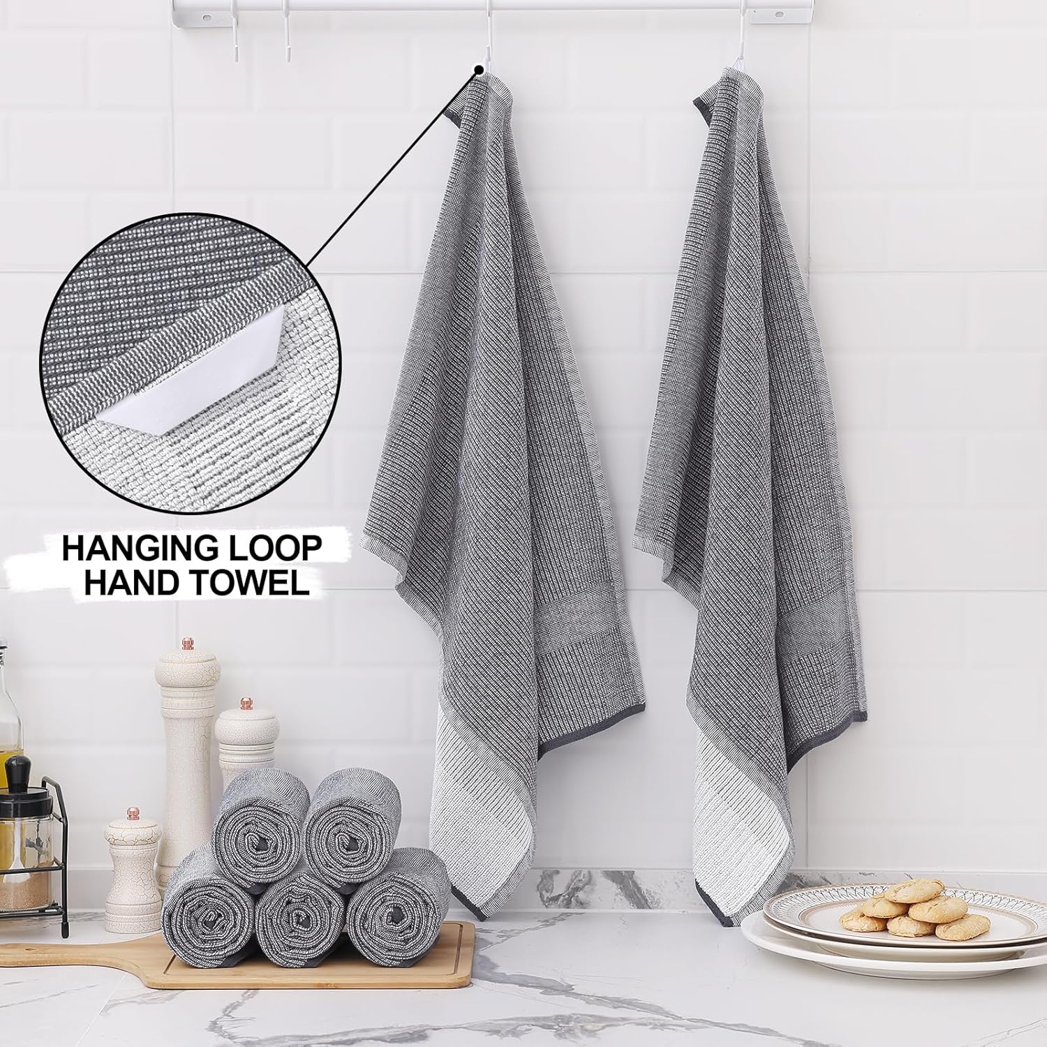 Homaxy Premium Kitchen Towels(18”x 28”, 6 Pack), Large Cotton Kitchen Hand Towels, Flat and Terry Dish Towels, 380 GSM Highly Absorbent Tea Towel Set with Hanging Loop, Grey - Image 3