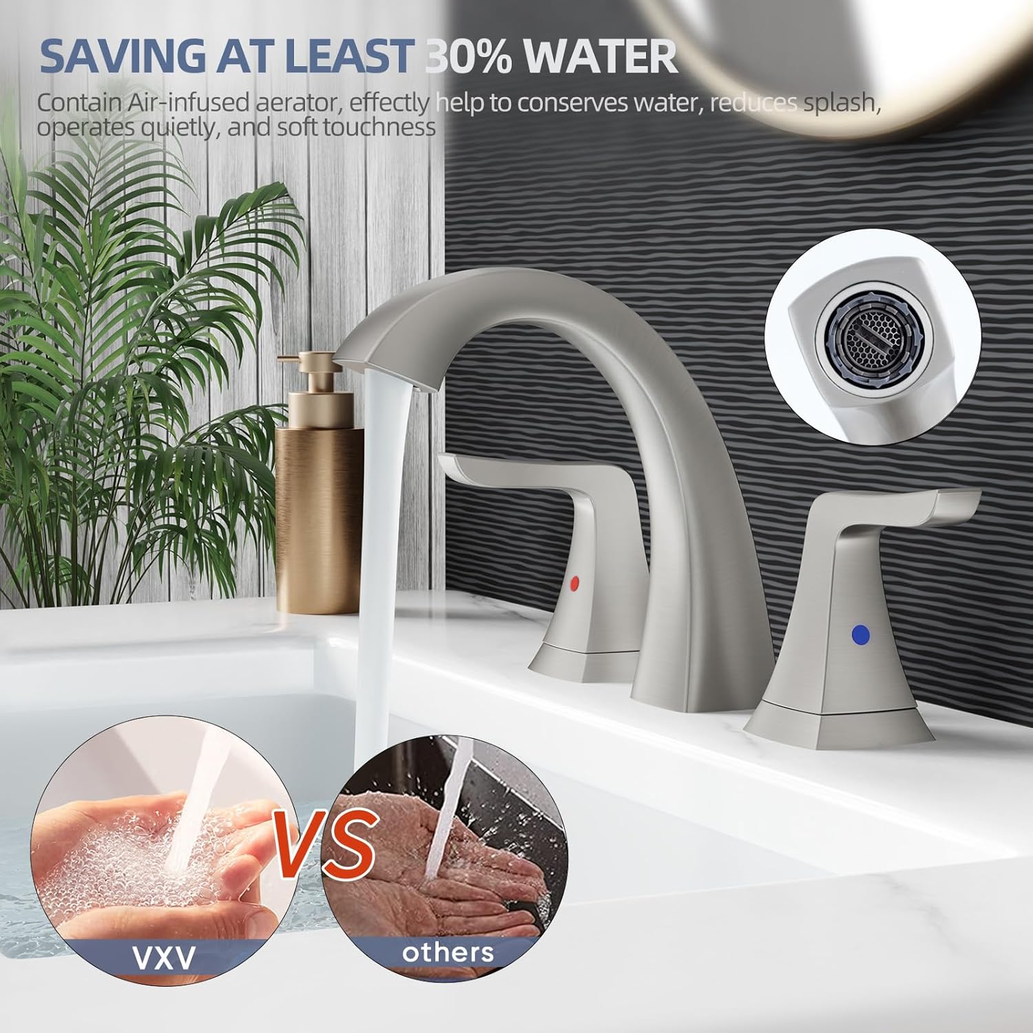 VXV Brushed Nickel Bathroom Faucet Widespread 8 Inch, 3 Hole Vanity Sink Faucet with Pop-Up Drain & Pre-Attached Supply Lines for Easy DIY Installation, Faucet for Bathroom Sink, RV - Image 3