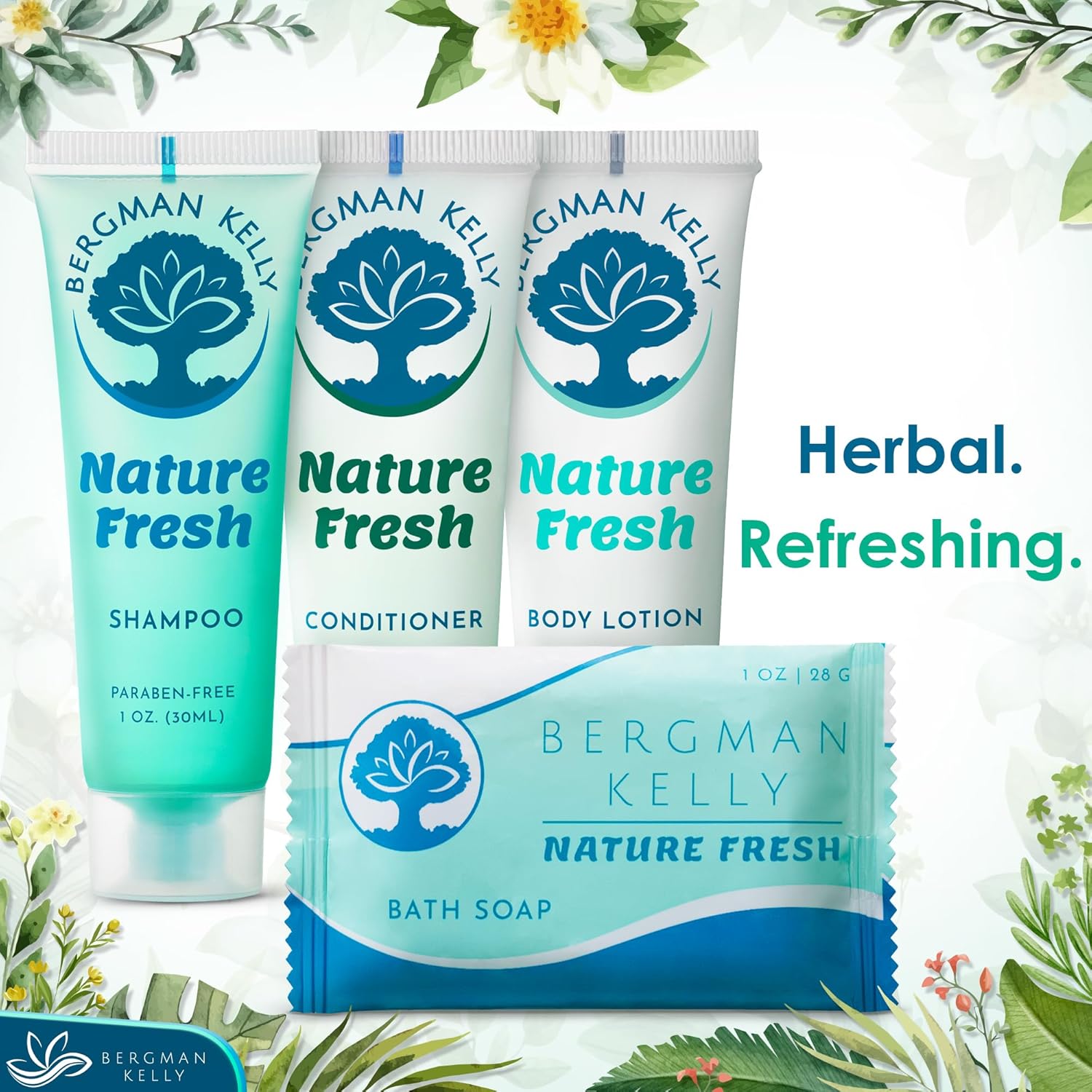 BERGMAN KELLY Hotel Toiletries Bundle (Nature Fresh, 1 oz each, 200 Pieces) 4-Piece Set: 50 Rectangular Bar Soap, 50 Shampoo, 50 Conditioner & 50 Body Lotion - Bulk Mini Guest Amenities - Image 3