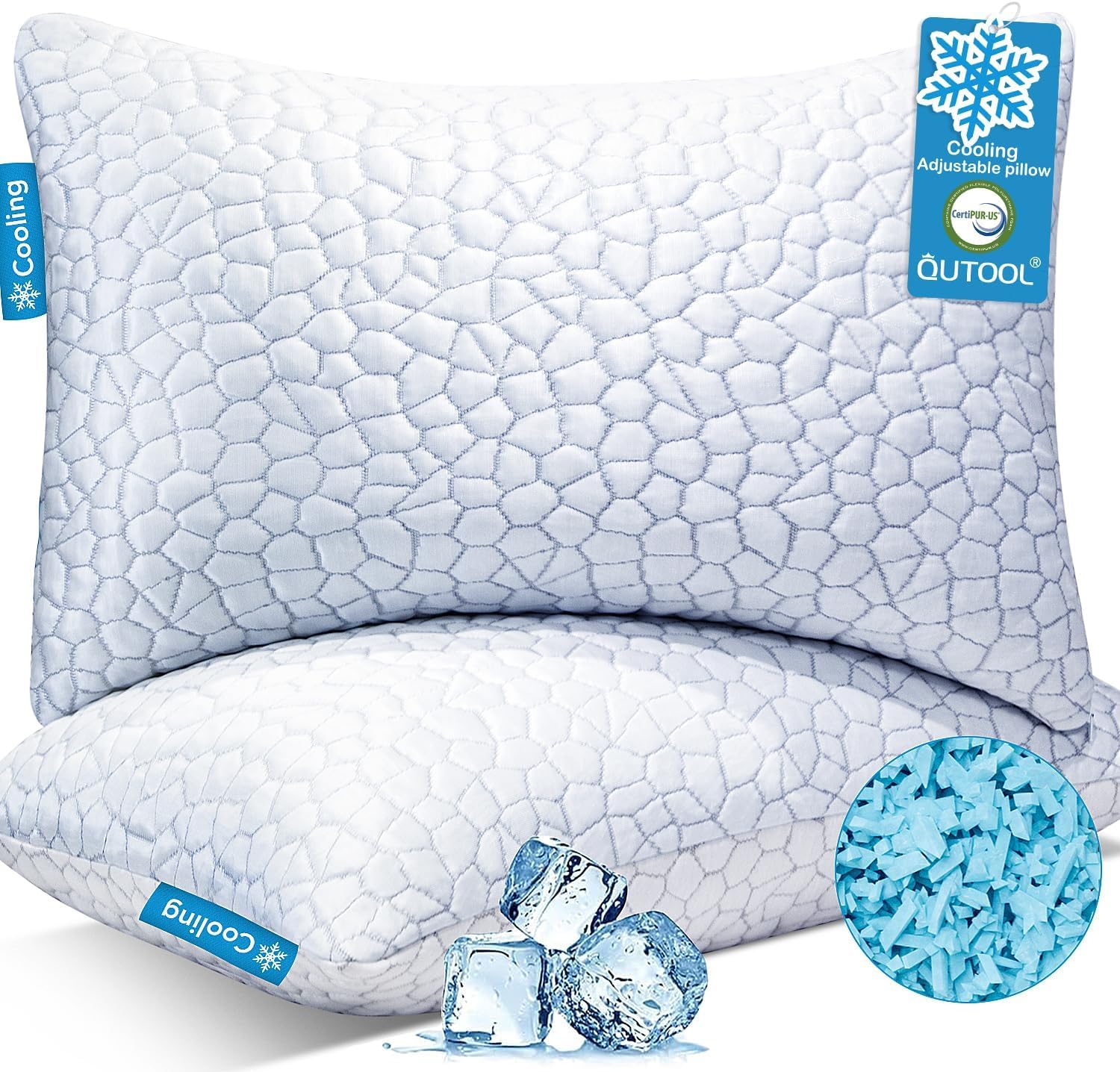 QUTOOL Cooling Pillow for Sleeping 2 Pack, Luxury Shredded Memory Foam Bed Queen Pillows Set of 2, Cool Pillow for Hot Sleepers Adjustable Firm Pillow for Side, Back, Stomach Sleepers Soft Yet Support