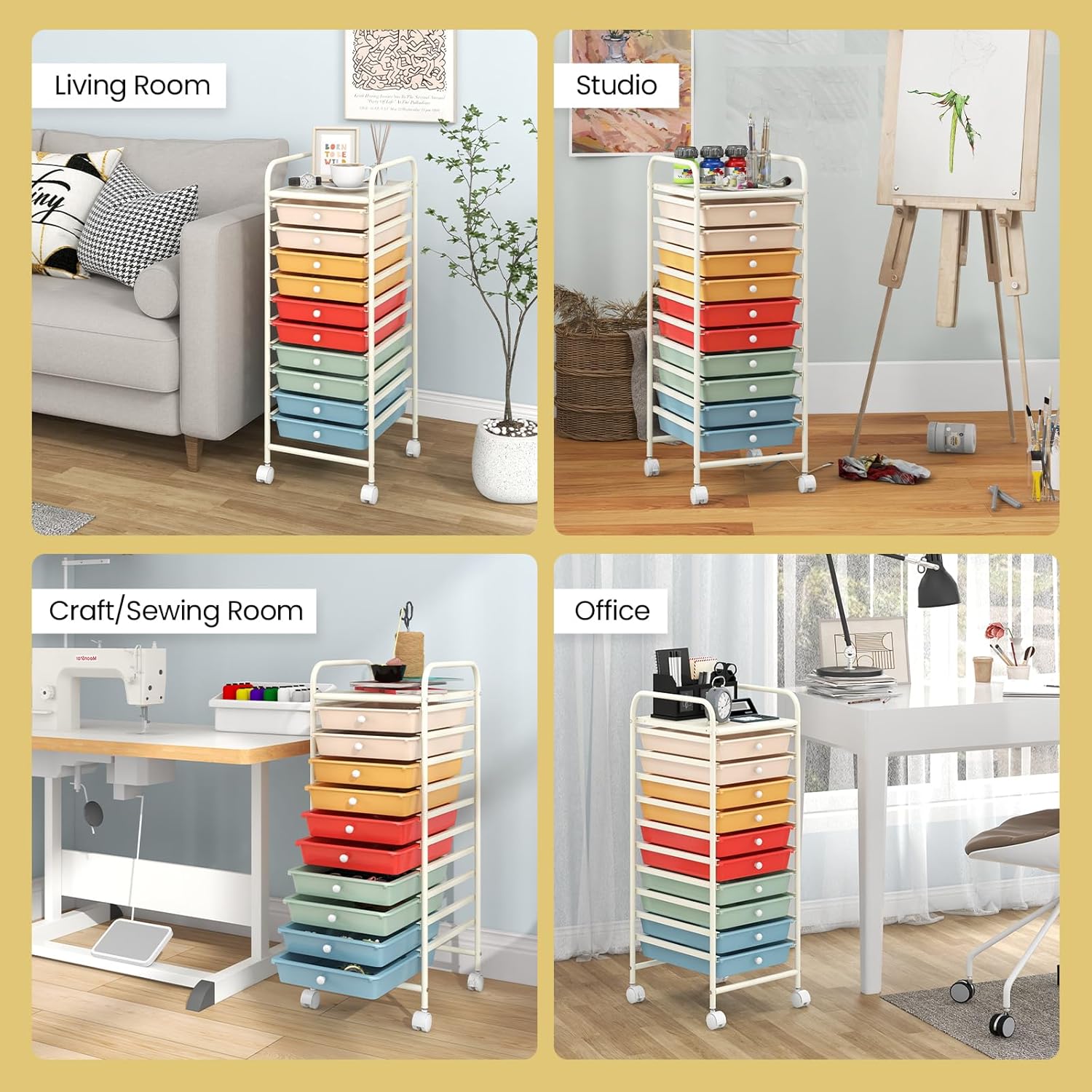 COSTWAY 10-Drawer Rolling Storage Cart, Utility Mobile Trolley with Removable Drawers & Universal Casters & 2 Brakes, Versatile Flexible Drawer Organizer Cart for Home, Office, Macaron - Image 7