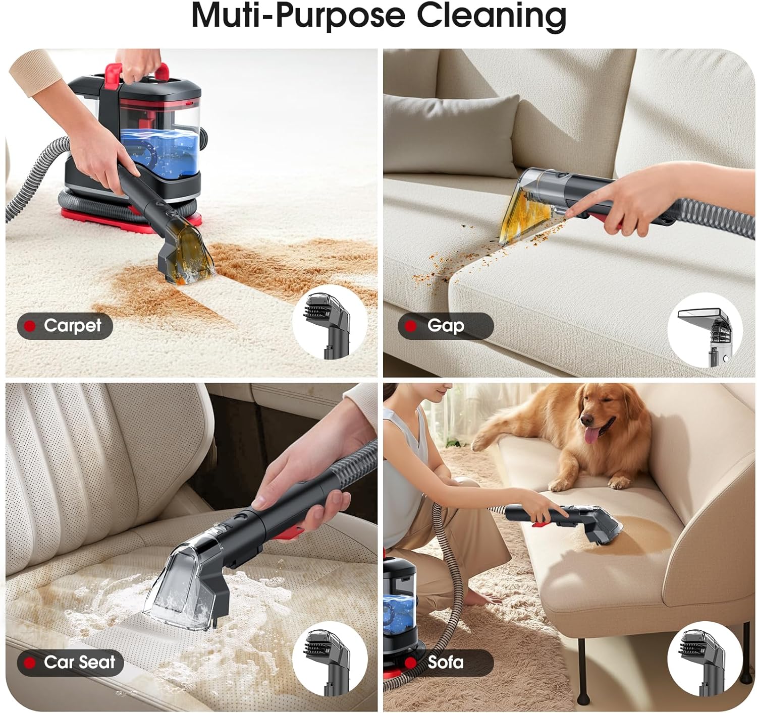 Portable Carpet and Upholstery Cleaner, 15Kpa Spot Cleaner Machine for Pets, Furniture Cleaner for Sofa, Area Rugs, Couch and Car, Carpet Cleaning Machine with Dual Brush Heads & Self-Cleaning System - Image 4