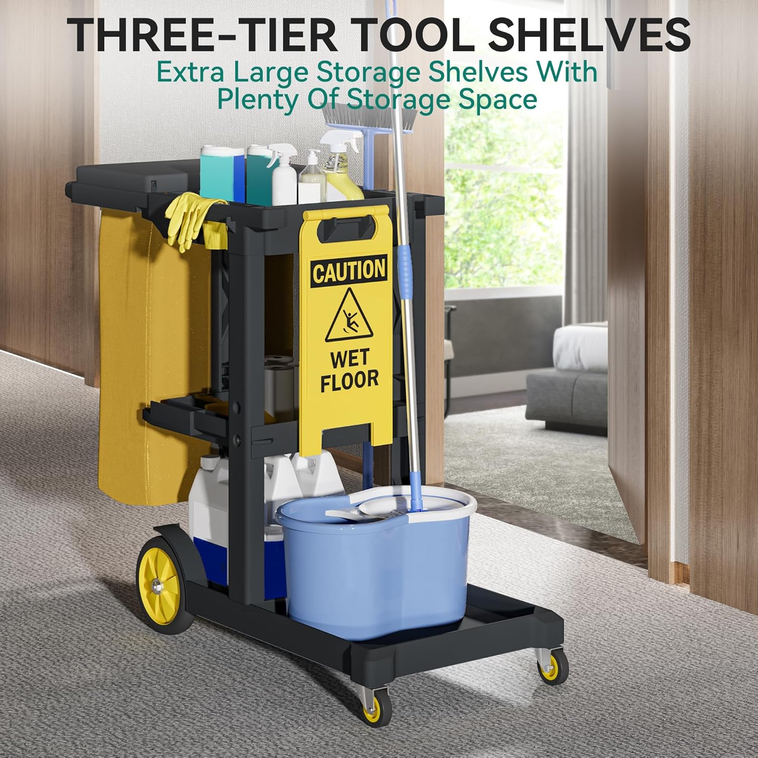 YITAHOME Cleaning Carts on Wheels, Janitorial Cart, 3-Shelf Commercial Traditional Plastic Housekeeping Cart, with 2 Yellow 25 Gallon Vinyl Bag and Pair of Rubber Gloves, Black - Image 6
