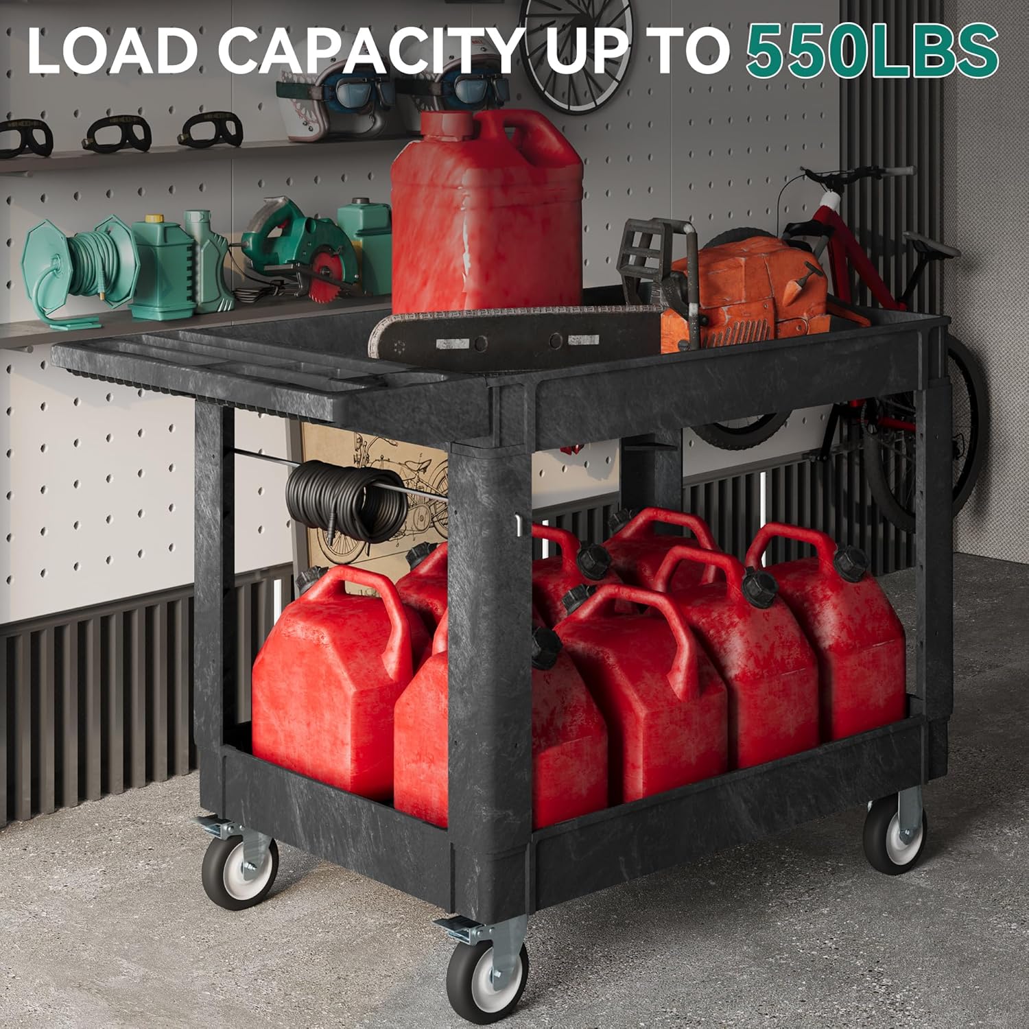 YITAHOME Utility Cart on Wheels, 550 lbs Capacity, 45 x 25 Inch Rolling Work Carts with Wheels, 2 Shelf Heavy Duty Plastic Service Cart Suitable for Warehouse, Garage, School & Office, Cleaning, Black - Image 4
