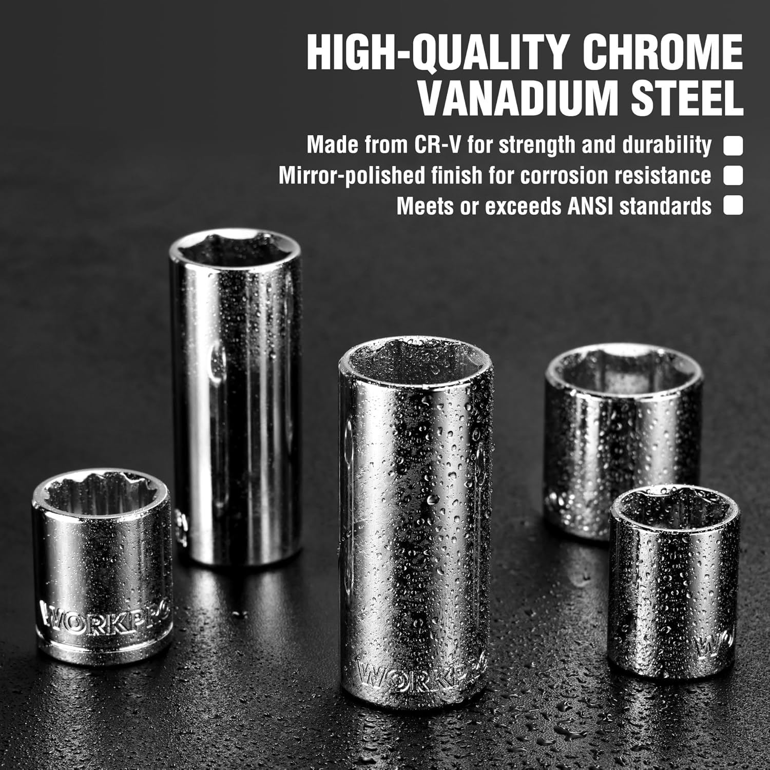 WORKPRO 450-Piece Drive Socket Set 1/2" 1/4" 3/8", CR-V Metric and Imperial with Quick-Release Ratchet Wrench, Spanners, Bits Set, Mechanics Tool for Car Repair - Image 5