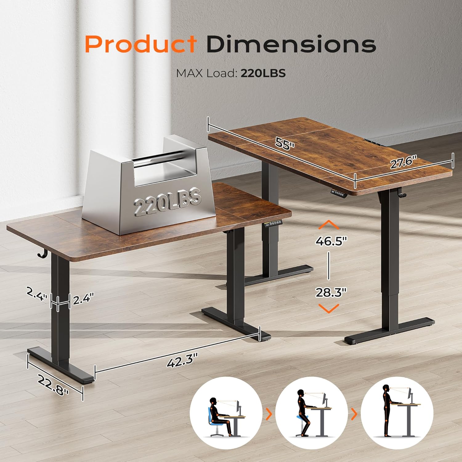 Huuger 55 x 28 Large Electric Standing Desk, Height Adjustable Computer Desk, 27.6" Deep Desktop, Stand up Gaming Office Desk with 2 Hooks, 3 Preset Heights, for Home Office, Rustic Brown - Image 2