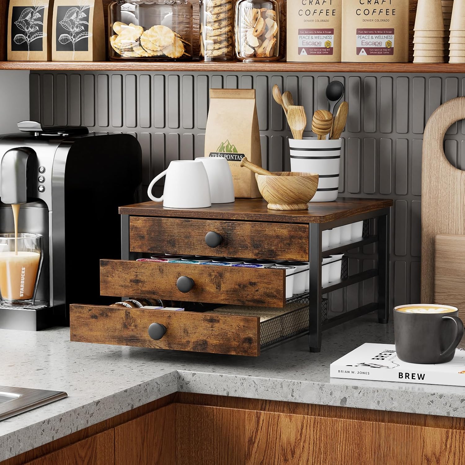 Coffee Pod Holder for Counter, 3 Tier Coffee Pod Drawer for K Cup Capsules, 60 Capacity Pods Storage Organizer Cups Capsule with Sliding Baskets for Coffee Bar, Kitchen - Image 7