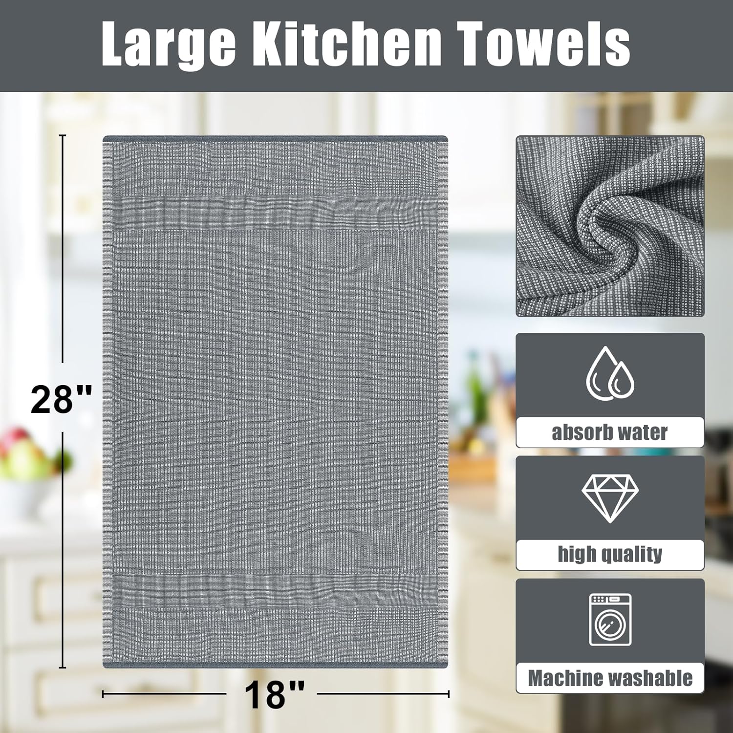 Homaxy Premium Kitchen Towels(18”x 28”, 6 Pack), Large Cotton Kitchen Hand Towels, Flat and Terry Dish Towels, 380 GSM Highly Absorbent Tea Towel Set with Hanging Loop, Grey - Image 9