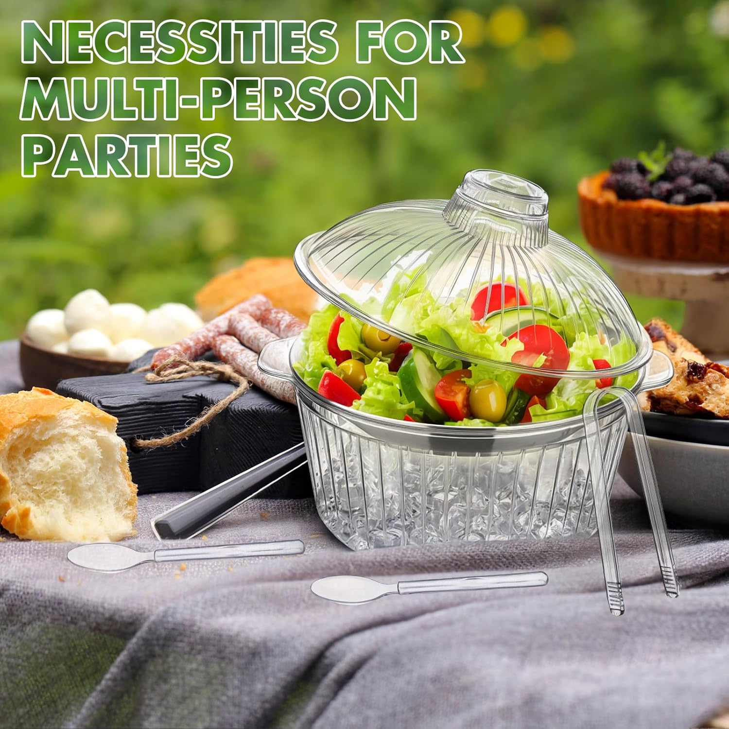 Baderke 3 Set 8.54'' Chilled Salad Bowl with Ice Chiller Base and Lid Chilled Serving Trays with Stainless Steel Plate Cold Food Serving Trays with Plastic Tableware for Party Buffet Outdoor Picnic - Image 7