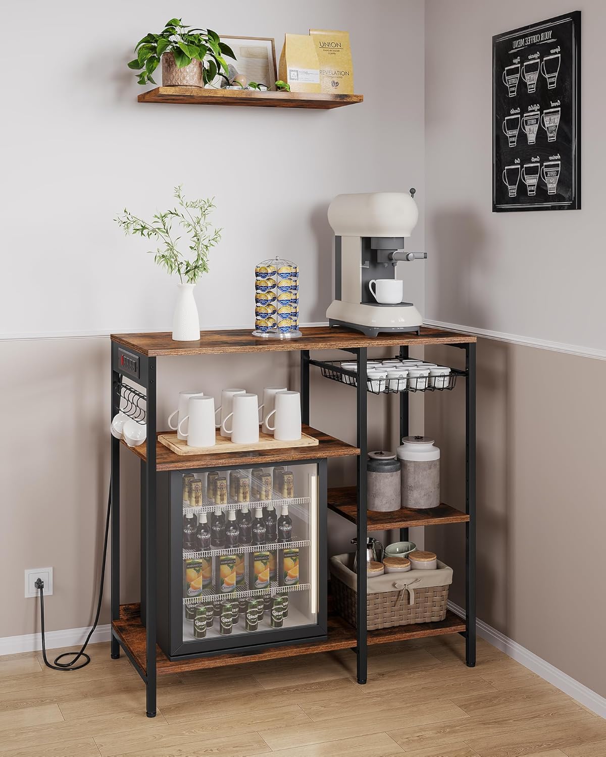 VASAGLE Baker's Rack, Coffee Bar Stand with Charging Station, 35.6 Inches Tall, Storage Shelves, Pull-Out Wire Basket, Table for Microwave, Kitchen, Rustic Brown and Ink Black UKKS036K01 - Image 4