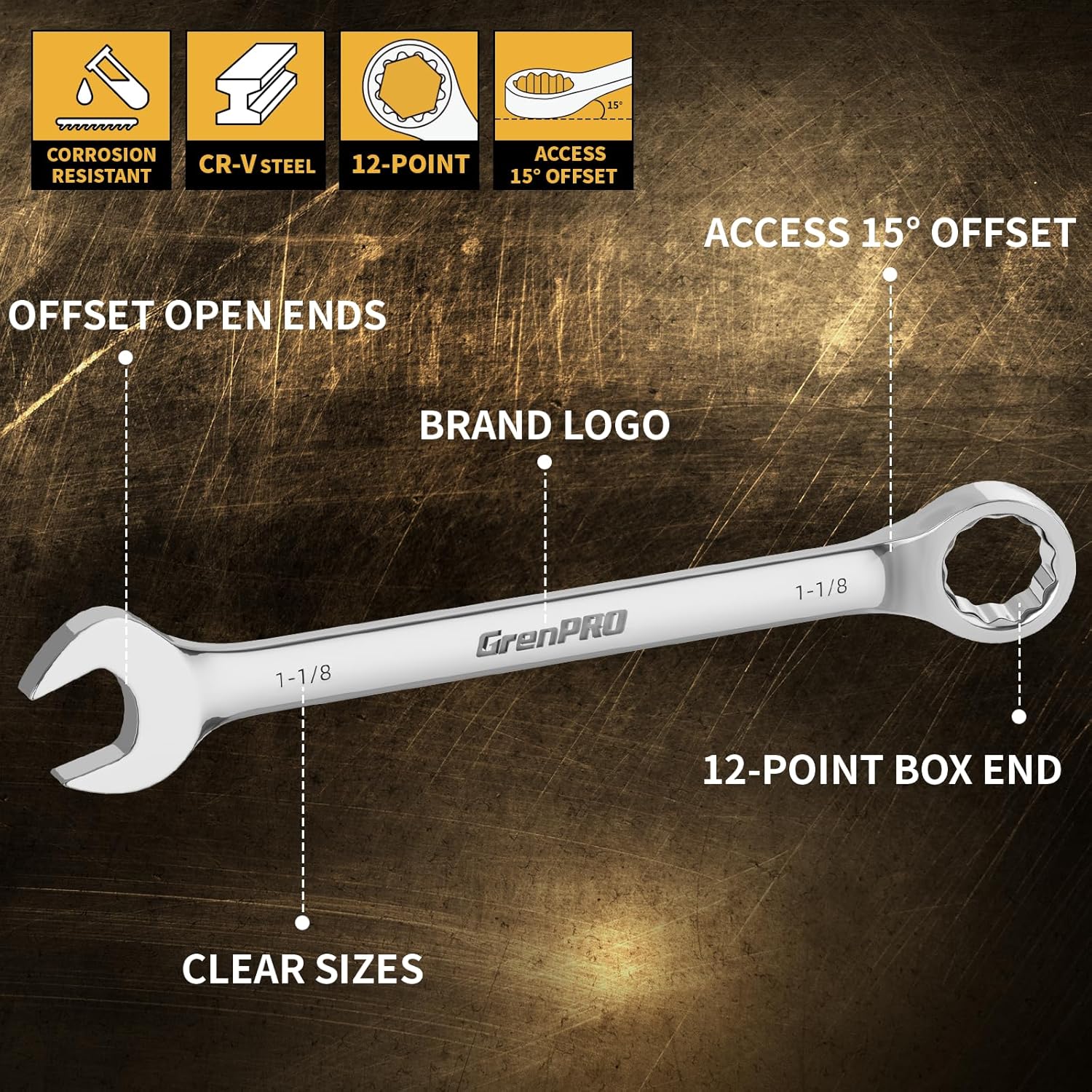 SAE Wrench Set, Large Wrench Set, 7-Piece 15/16", 1", 1-1/16", 1-1/8", 1-3/16", 1-1/4" Long Big Open End Wrench Tools Set Roll Up Pouch Organizer with Gauge, 12 Point Combination Wrenches Sets - Image 9