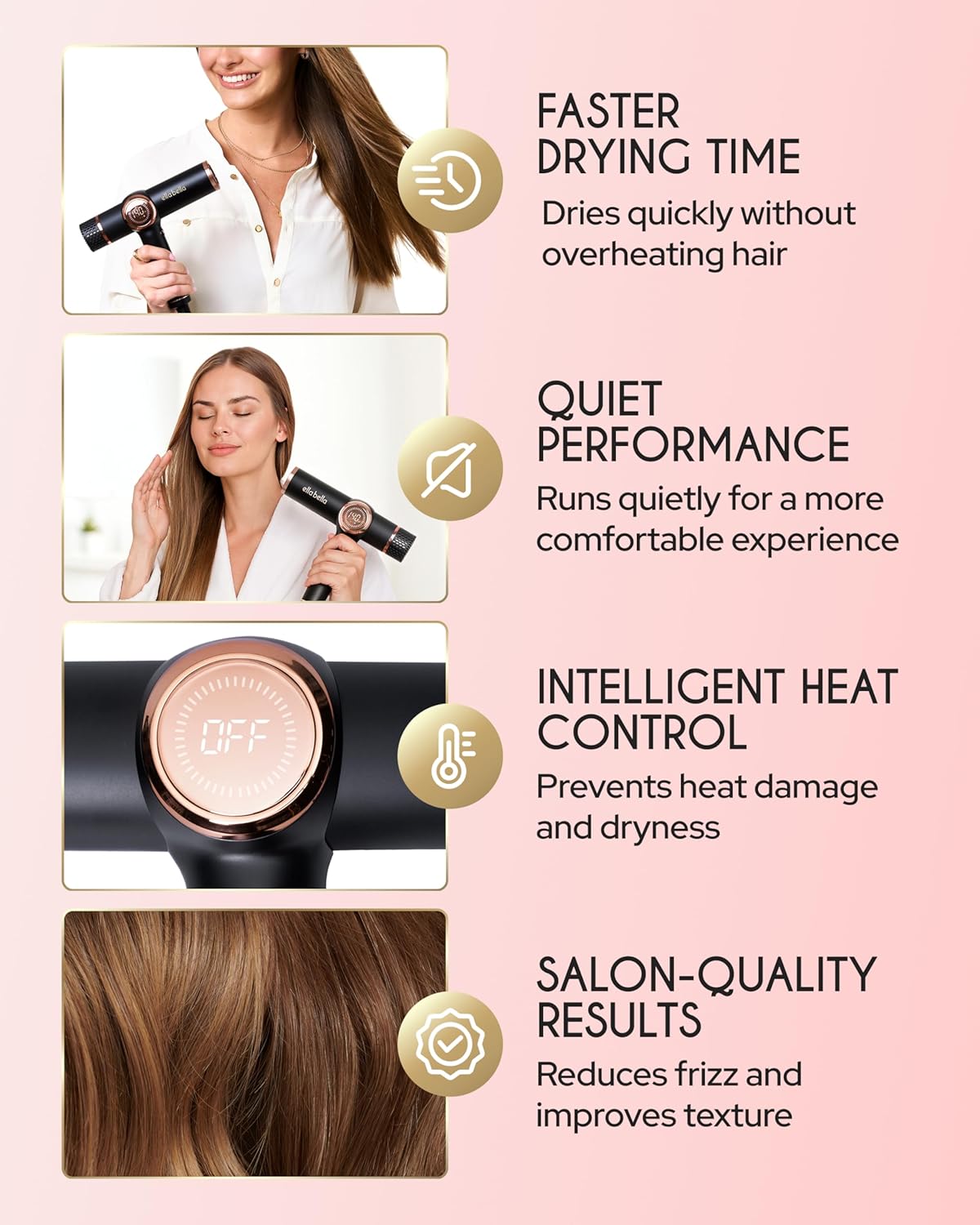 ELLA BELLA® Professional Ionic Hair Dryer with Diffuser • Negative Ion Blow Dryer • Suitable All Hair Types • Intelligent Heat Control & Rapid Drying Speeds • Lightweight Design • Low Noise Technology - Image 2