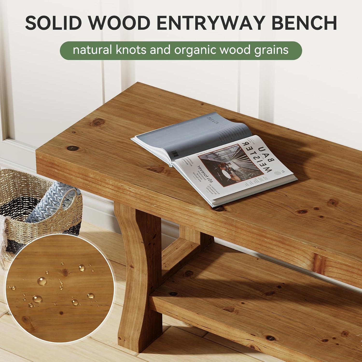 Solid Wood Entryway Bench, 55" End of Bed Bench, Long Indoor Dining Seat for Hallway, Bedroom, Living Room, Dining Room, Easy Assembly, Brown - Image 8