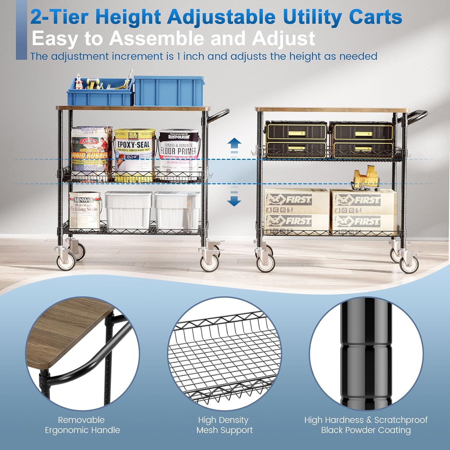 Leteuke Rolling Kitchen Carts with Wheels, 34" L x 17.5" W, 3-Tier Heavy Duty Utility Cart with Wood Tabletop, NSF Commercial Metal Serving Cart with Handle and Shelf Liner for Kitchen, Black - Image 4