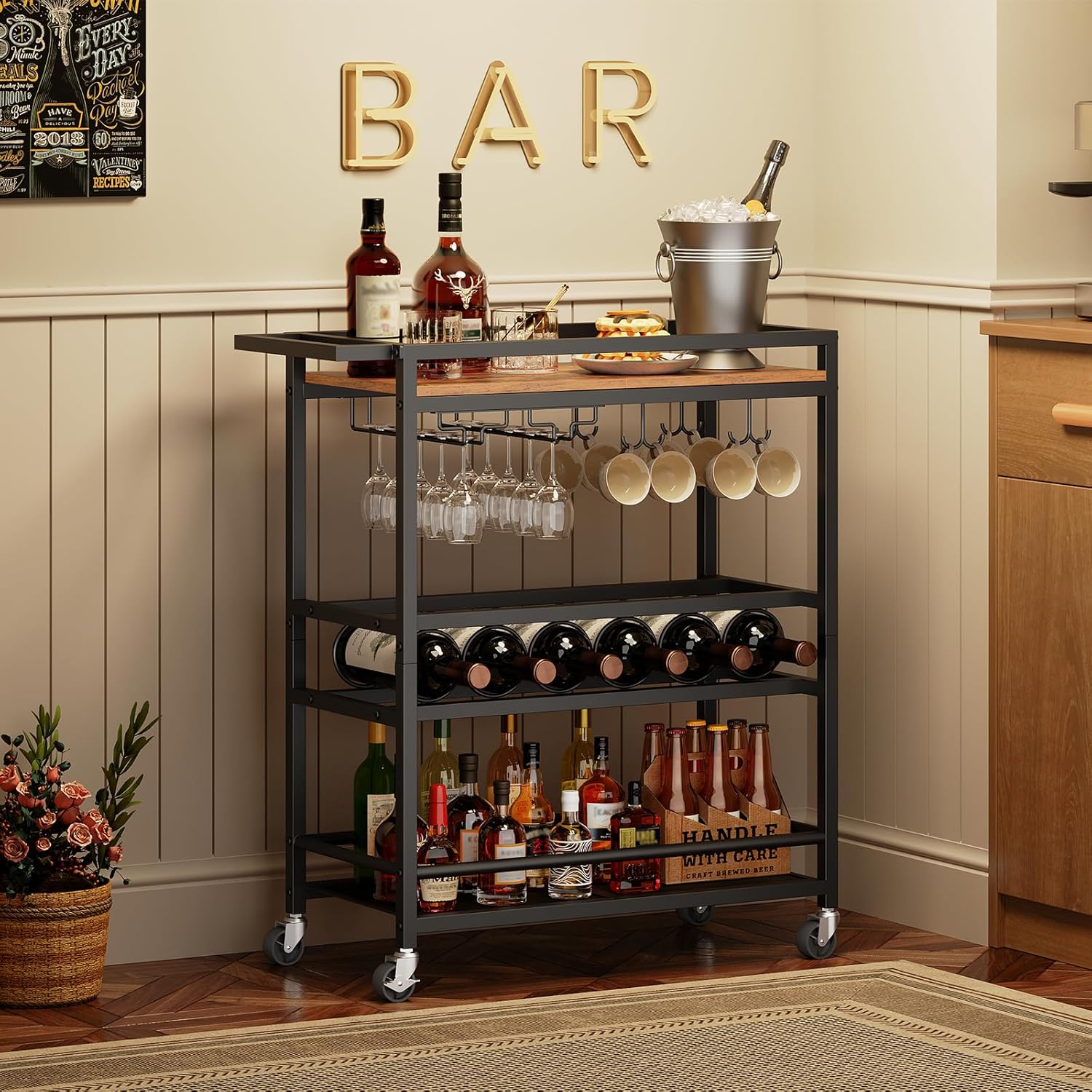 Bar Cart for Home, 3-Tier Serving Cart with Wine Rack, Rolling Wine Cart with Glass Holders, Beverage Cart, for Living Room, Dining Room, Rustic Brown and Black RCHR11801 - Image 8