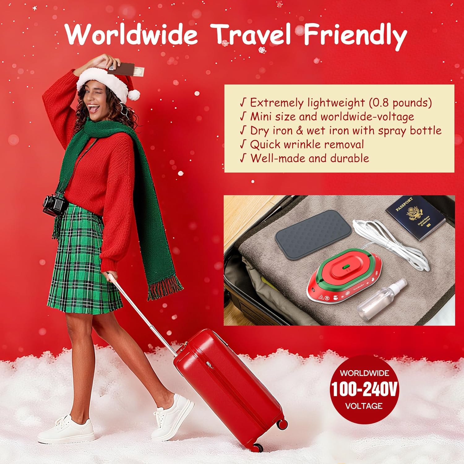 Newbealer Travel Iron, Global Voltage 100-240V, 302℉ Mini Dry Iron for Clothes (No Steam), Max 300W, 60s Heat Up, 0.8lb Lightweight Gift (Classic Red with Hard Case) - Image 3