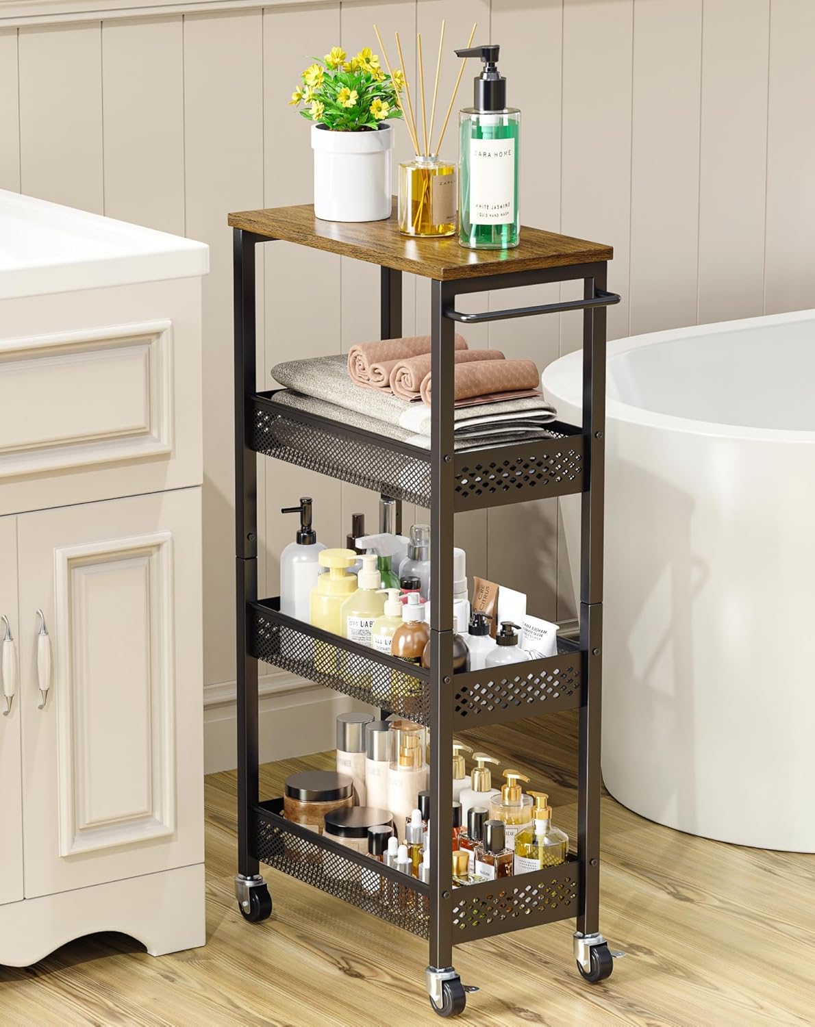 Utility Slim Storage Cart, 4-Tier Narrow Bathroom Organizer and Storage Cart, Metal Narrow Kitchen Laundry Room Organization Rack with Wood Top, Slim Rolling Shelf with Wheels for Small Space
