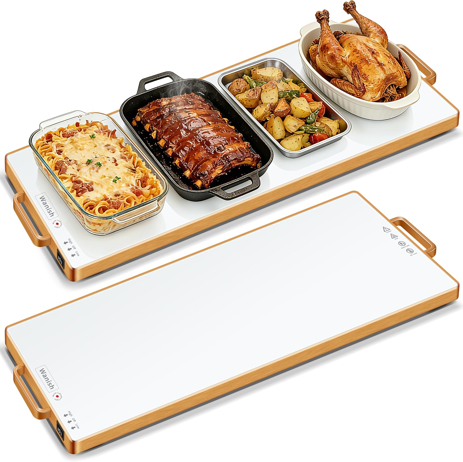Electric Warming Tray (L 32”x12”),Food Warmers for Parties Buffet with Thermostat&Full Surface Heating,Tempered Glass Warming Mat for Food, Temperature Adjustable Gold Handles Food Warming Mat,White
