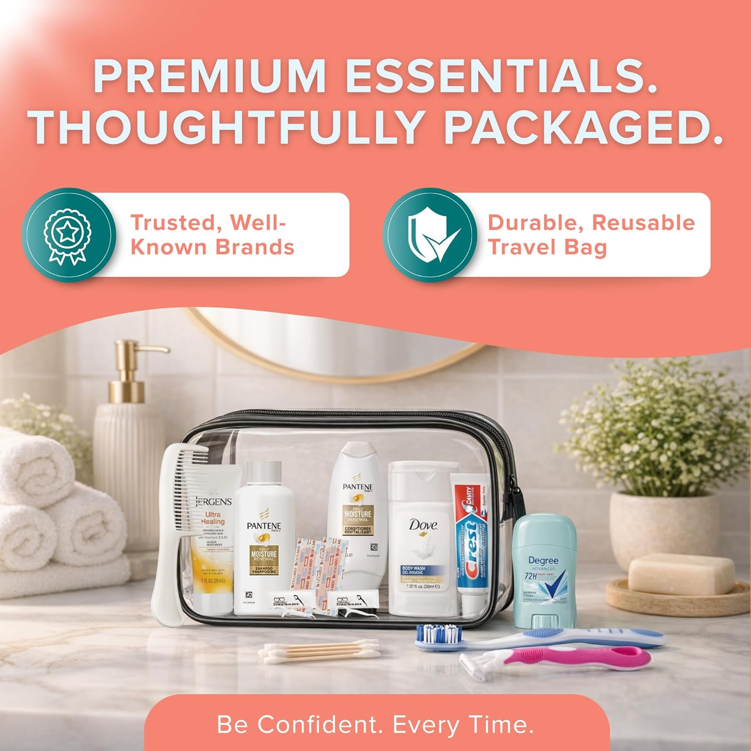 TrekTote 15 Piece Set Women’s Travel & Hygiene Kit with Clear Toiletry Bag, Personal Care Essentials, Single Kit or Bulk Case Packs - Image 3