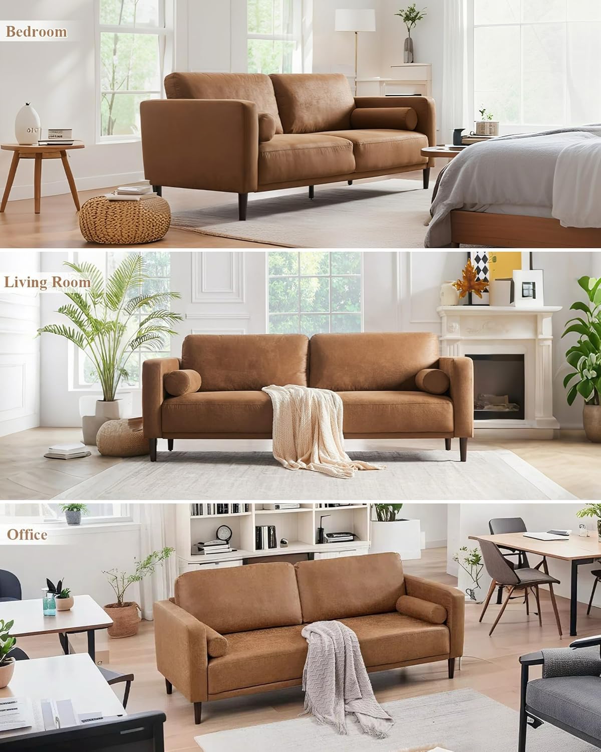 HIFIT Sofa Couches, 79” Mid-Century Modern Couch, Breathable Faux Leather Couch with Upholstered Cushions/Pillows, 3-Seat Sofas & Couches, for Living Room Apartment Office, Brown - Image 7