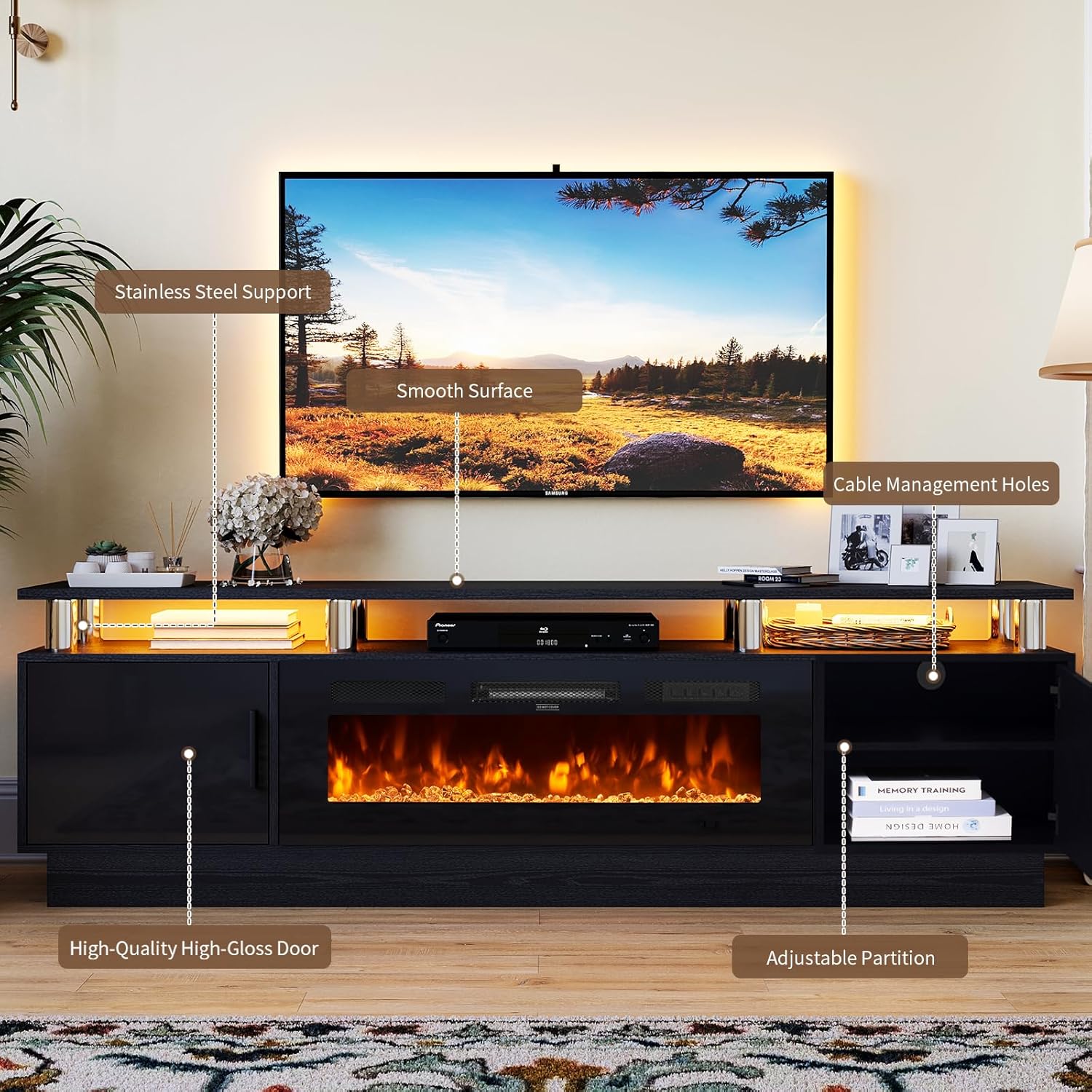70" TV Stand for Living Room, Modern Entertainment Center & Media Console, Fits TVs up to 80", Storage Cabinet with Shelves, 36" Electric Fireplace with LED Flame (All Black) - Image 5