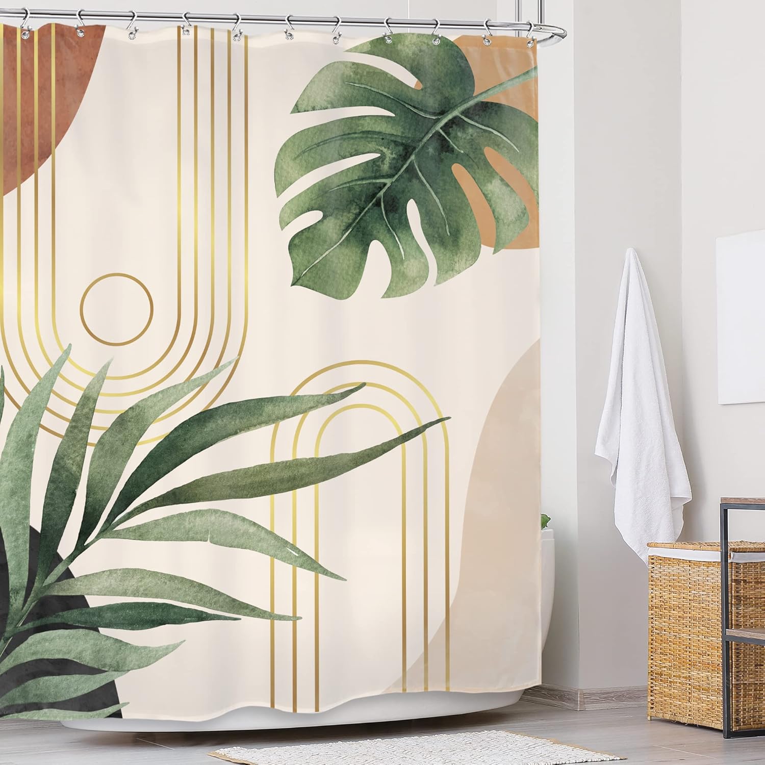 Glawry Boho Sage Green Shower Curtain 60Wx72L Inches, Abstract Bohemian Mid Century Bathroom Curtains, Plant Botanical Palm Leaf Cute Decor Fabric Shower Curtain Set Bathroom Rugs Waterproof 12 Hooks - Image 3