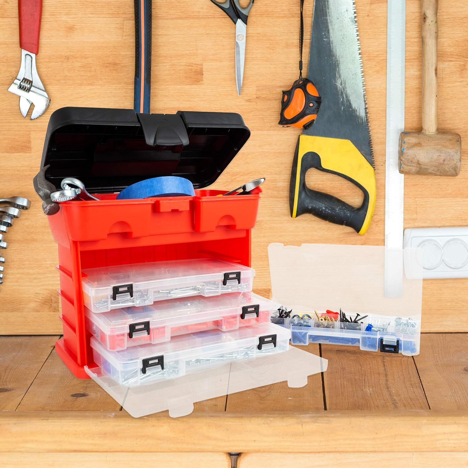 Portable Tool Storage Box - Small Parts Organizer with 4 Multi-Compartment Trays for Fishing Tackle, Hand Tools, or Craft Supplies by Stalwart - Image 7