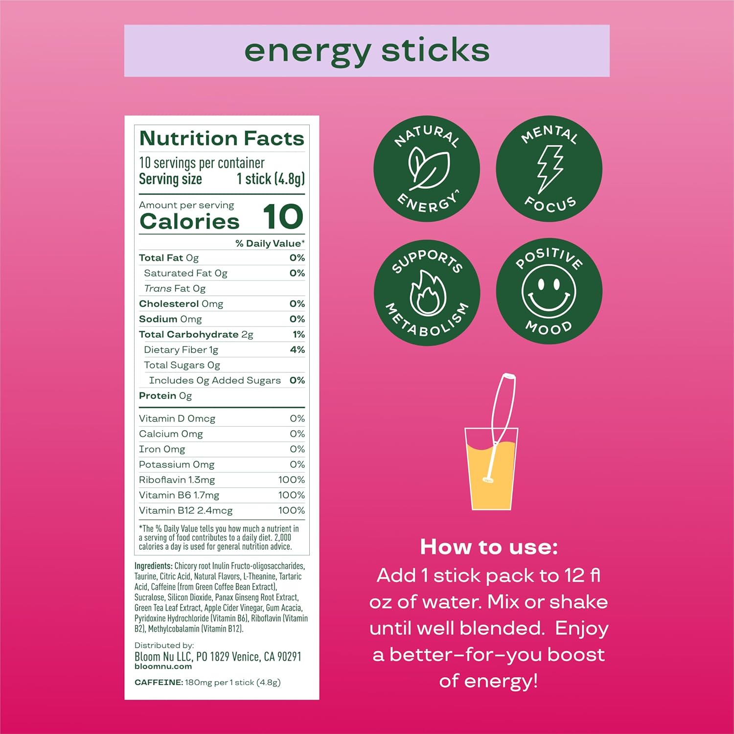 Bloom Nutrition Energy Drink Powder Packets, Sugar Free Energy Drink Mix with L-Theanine, B Vitamins & Natural Caffeine, On the Go Powder Sticks for Natural Energy, 10 Calories (10 Pouches (Pack of 1), Strawberry Watermelon) - Image 2