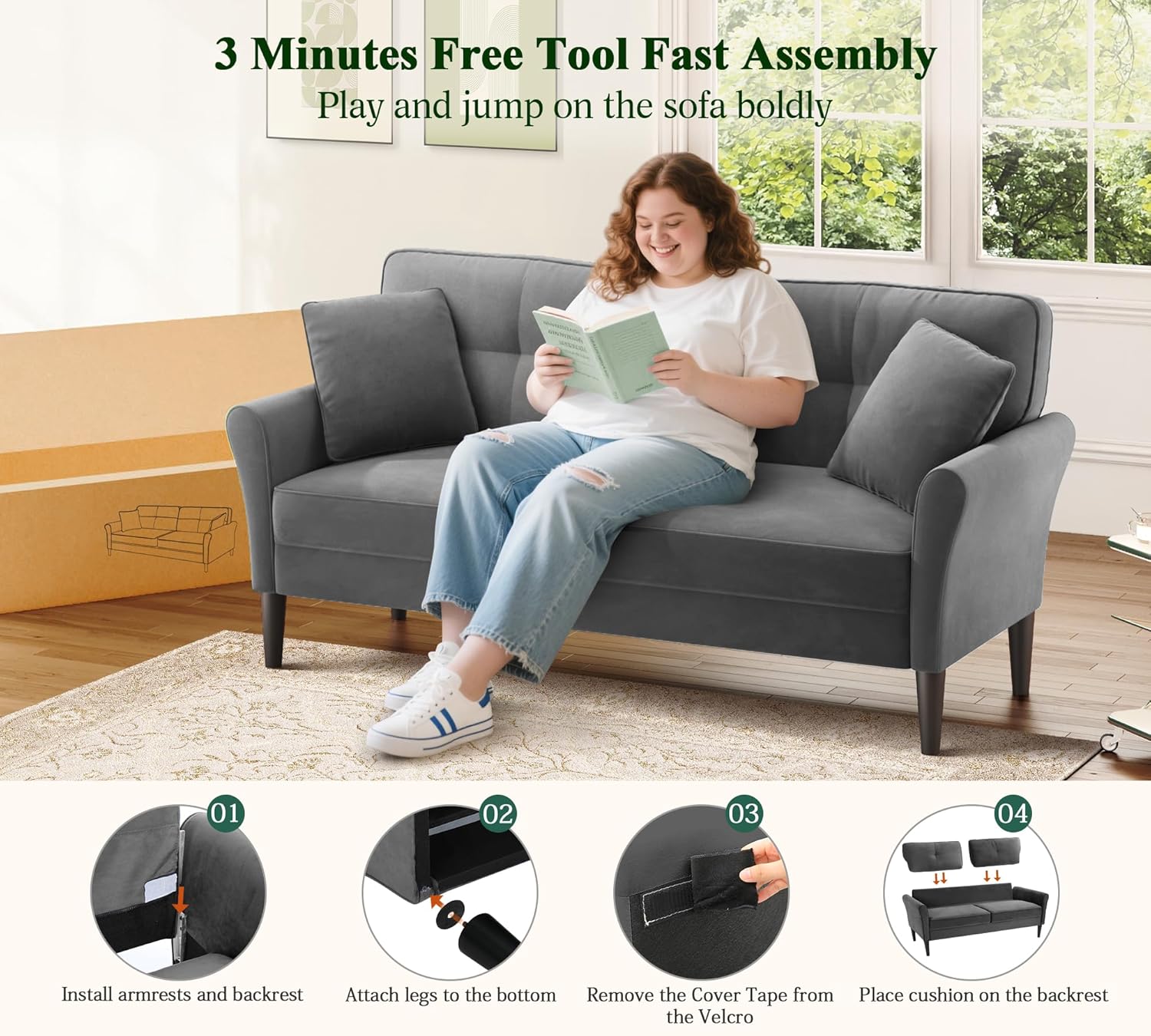 69" Loveseat Sofa, Velvet Small Couches for Small Spaces, Love Seat Couches with 2 Pillows, Tool-Free Setup Loveseats, 700lb Load Sofas for Living Room, Mini Couch for Bedroom, Comfy Sofa Couch, Grey - Image 4