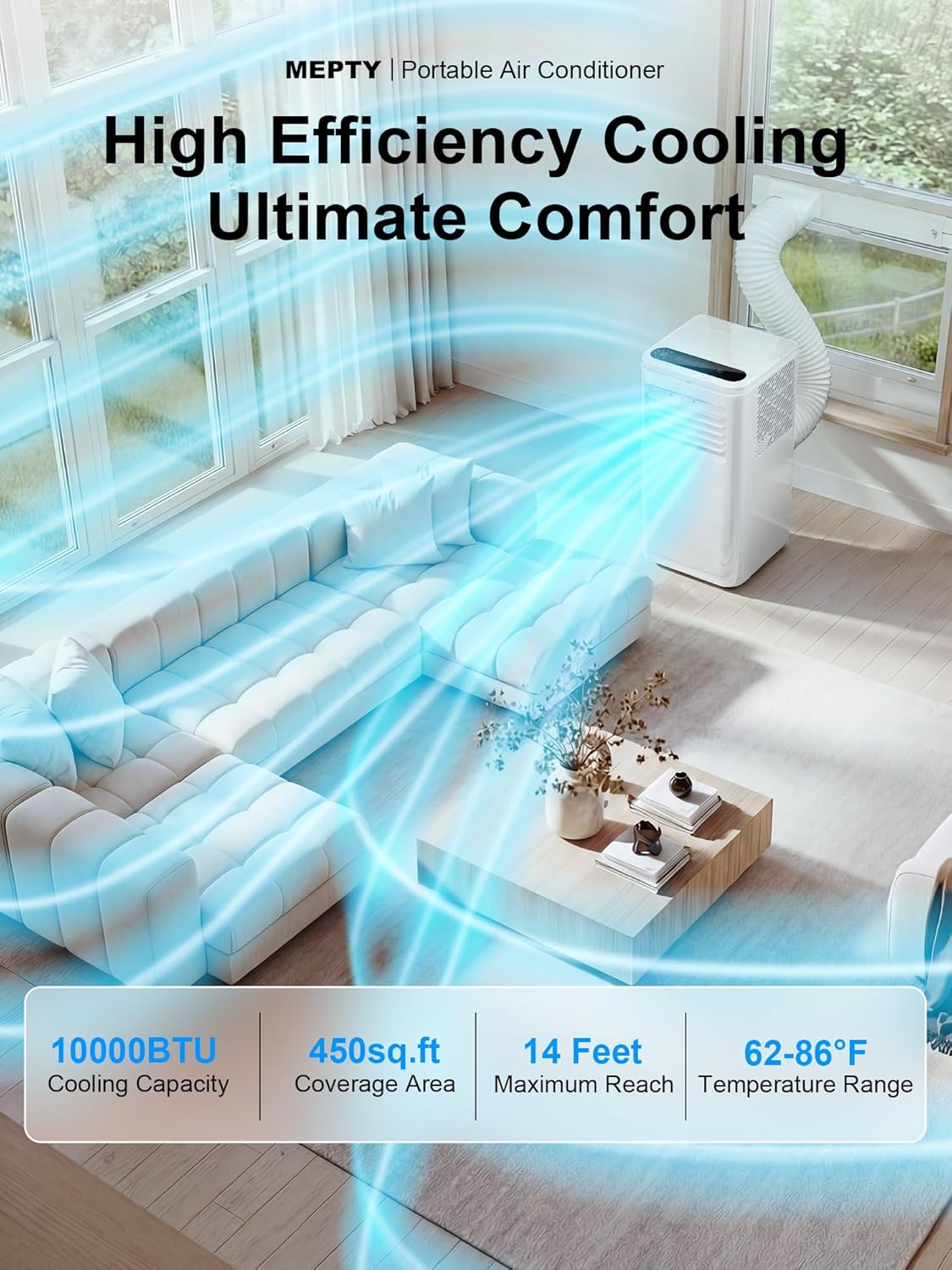 MEPTY Portable Air Conditioners, 10000 BTU Portable AC Unit with Dehumidifier, Sleep Mode, 24H Timer, Cools Room up to 450 sq.ft, Room Air Conditioners with Self-evaporation System for Bedroom - Image 2