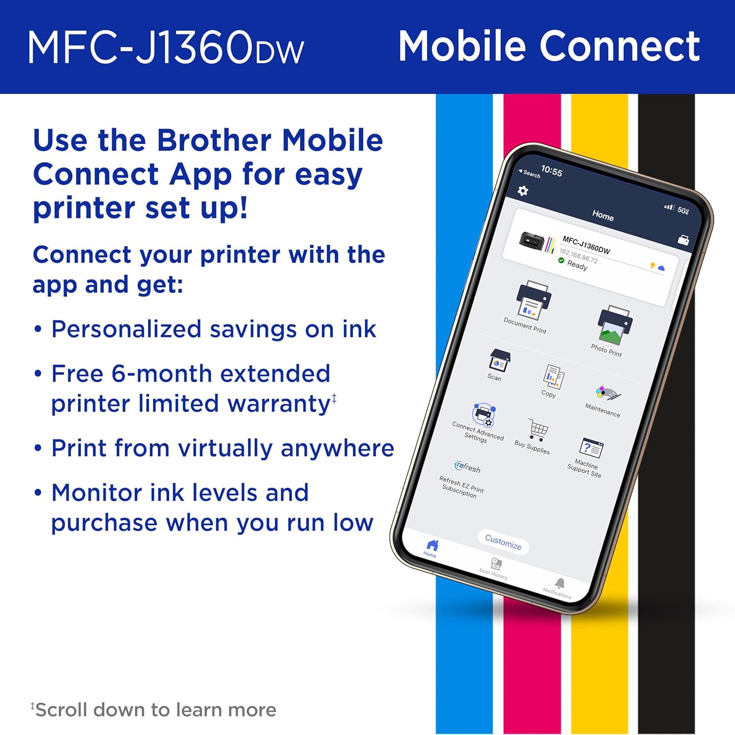 Brother Work Smart 1360 Wireless Color Inkjet All-in-One Printer with Automatic Duplex Printing and 1.8” Color Display | Includes Refresh Subscription Trial(1) (MFC-J1360DW) (Uses LC501 Series Inks) - Image 5