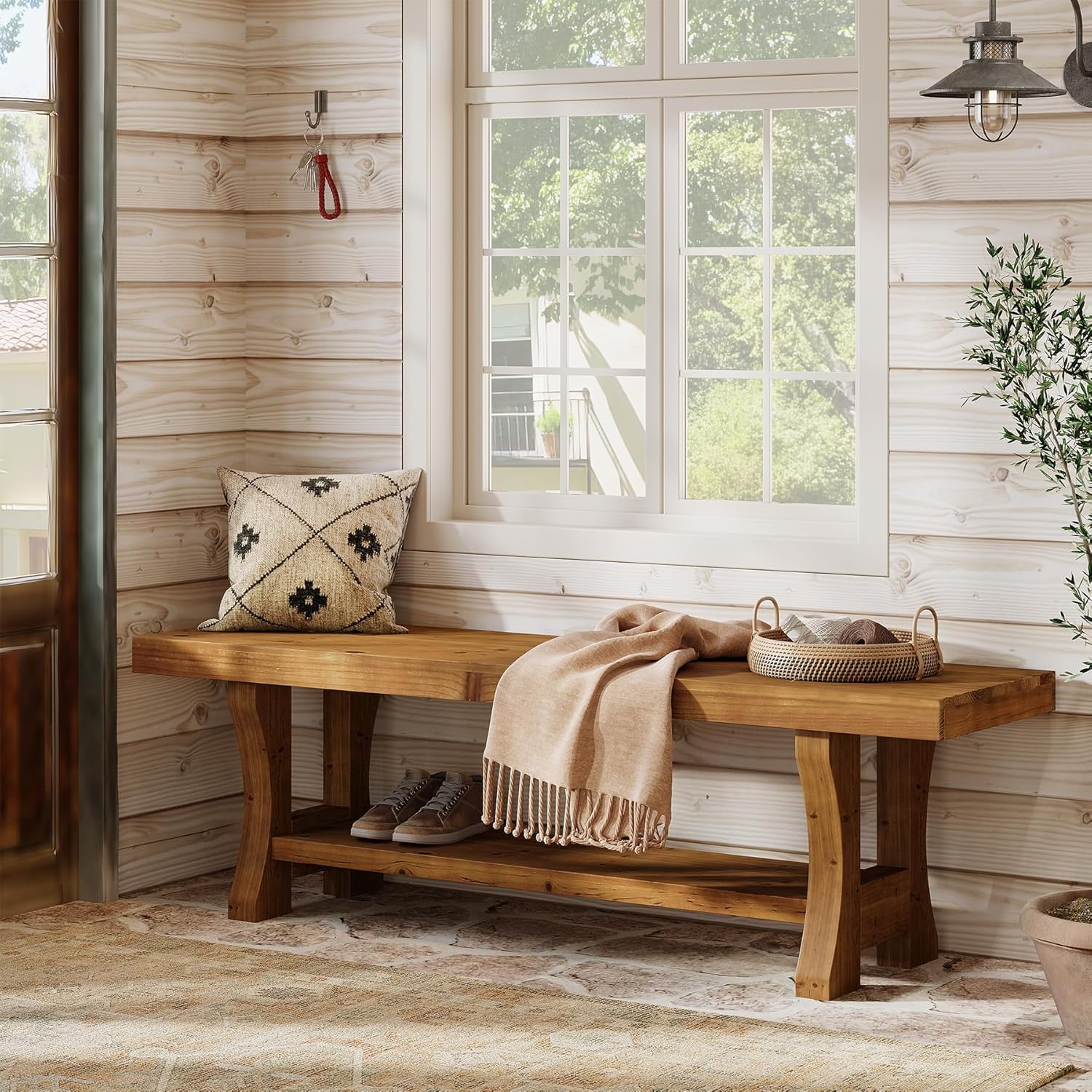 Solid Wood Entryway Bench, 55" End of Bed Bench, Long Indoor Dining Seat for Hallway, Bedroom, Living Room, Dining Room, Easy Assembly, Brown - Image 6