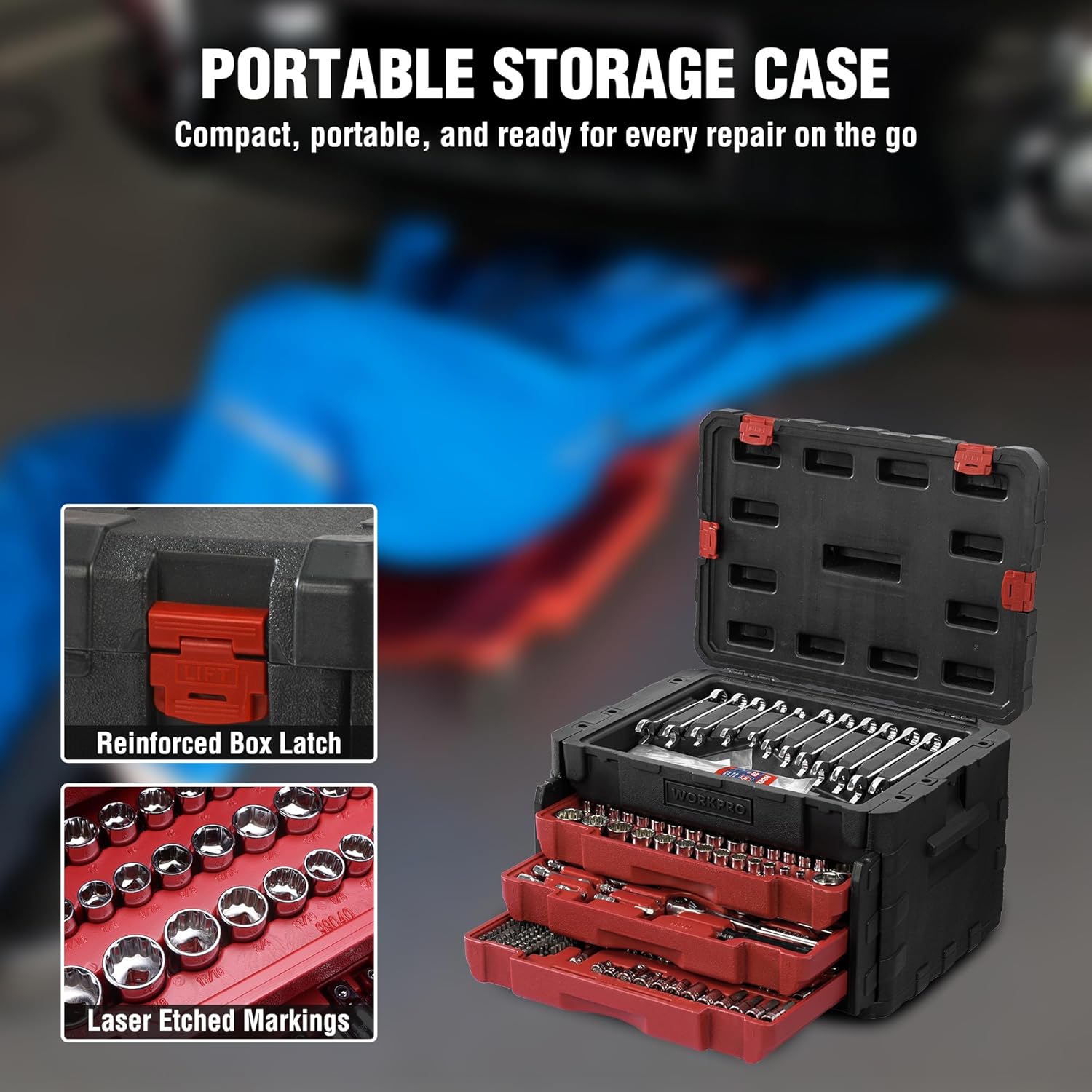 WORKPRO 450-Piece Drive Socket Set 1/2" 1/4" 3/8", CR-V Metric and Imperial with Quick-Release Ratchet Wrench, Spanners, Bits Set, Mechanics Tool for Car Repair - Image 4