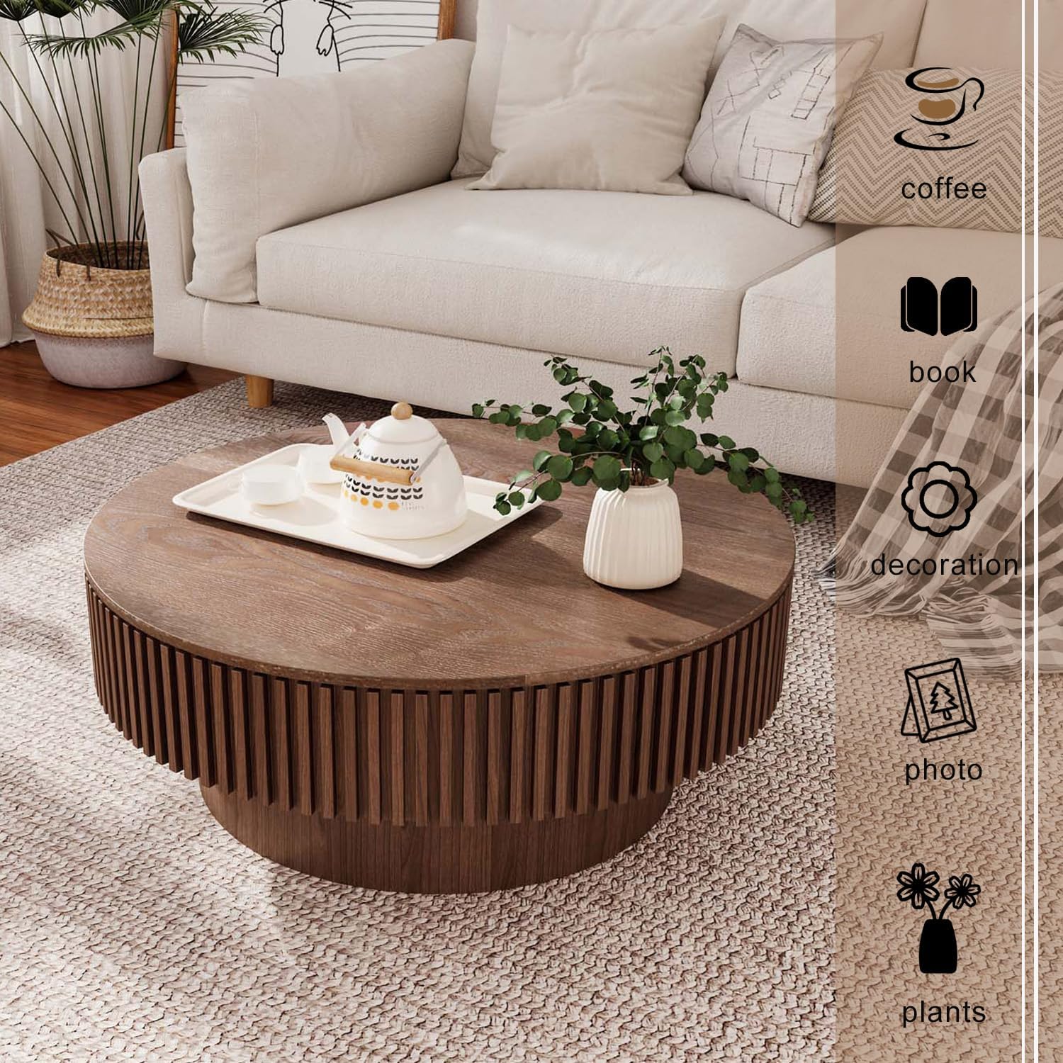 Round Coffee Table with Storage, Modern Wooden Coffee Table with Solid Wood Veneered, Circle Center Table Accent Tea Table for Living Room Apartment Small Space (31.5''L × 31.5''W × 14''H, Walnut) - Image 5