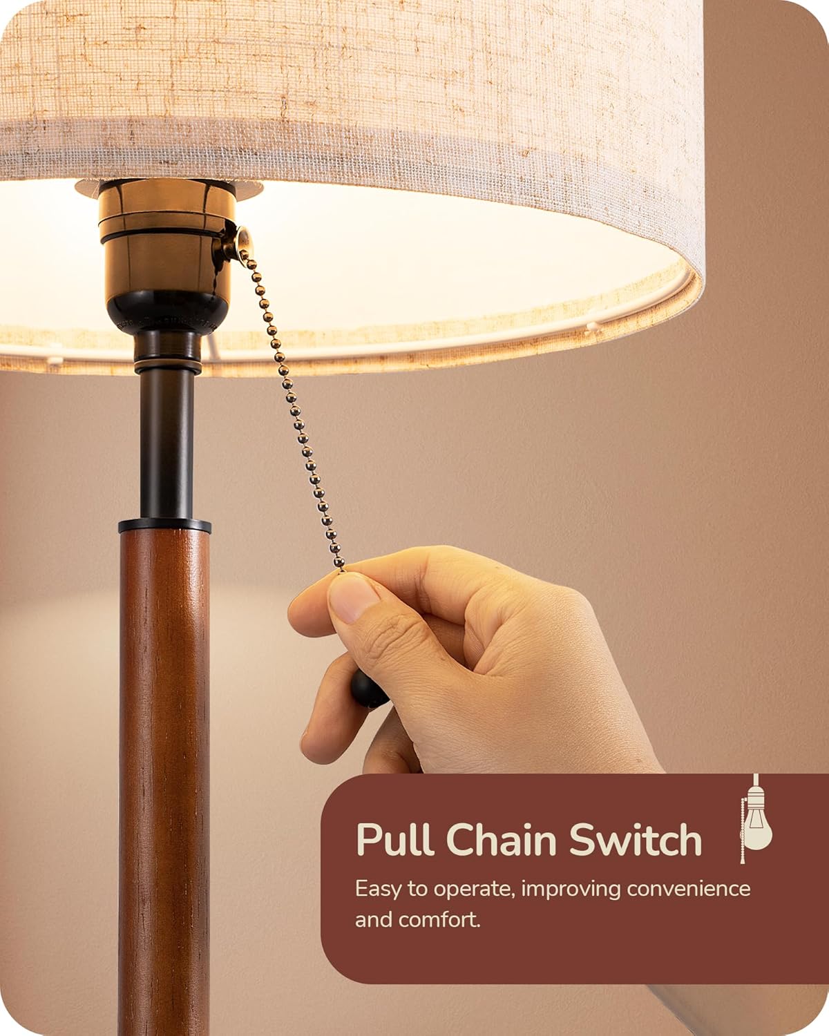 EDISHINE Mid Century Table Lamp, Pull Chain Switch Bedside Lamp with Linen Shade, Solid Wood Pole & Black Metal Base, Modern Nightstand Lamp for Bedroom, Living Room, Office, E26 Base - Image 3