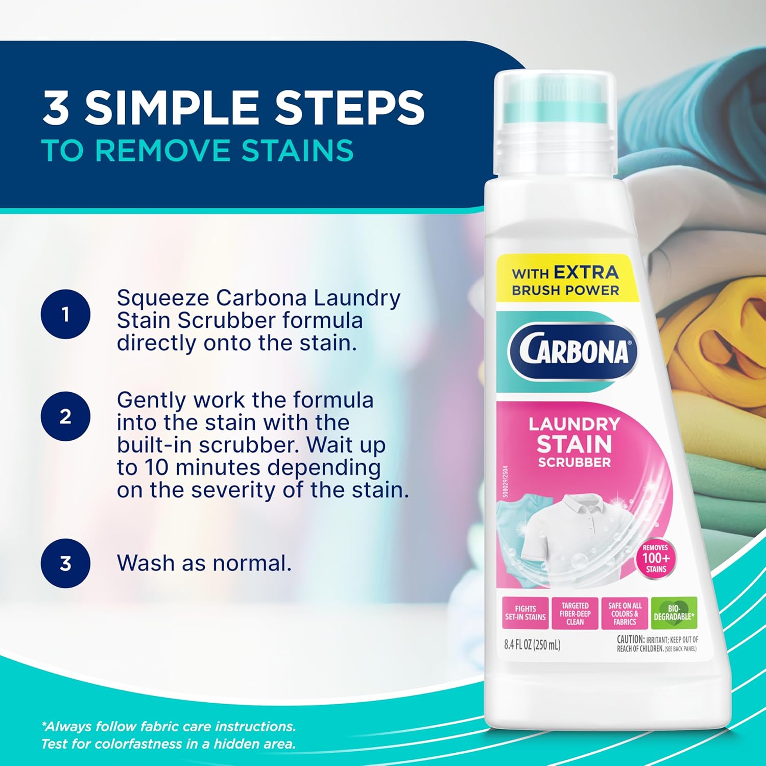 Carbona Laundry Stain Scrubber | Bio-Enzyme Stain Remover | Eliminates Fat, Oil, Blood, Milk, Fruit, Ketchup, Vegetables & Baby Food Stains | Save On Skin & Washable Fabrics | 1 Pack, 8.4 Fl Oz - Image 3