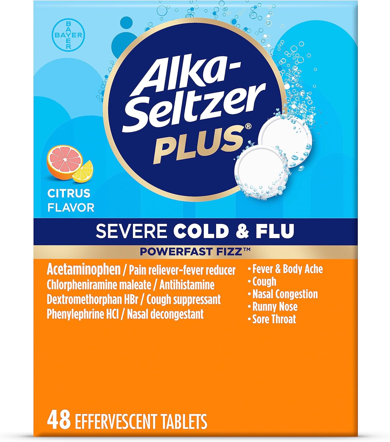 ALKA-SELTZER PLUS Severe, Cold & Flu Medicine, Citrus Effervescent Tablets, Nasal & Sinus Congestion, Sneezing, Runny Nose, Cough, Sore Throat, Fever, Headache and Body Aches & Pains, 48ct, Orange