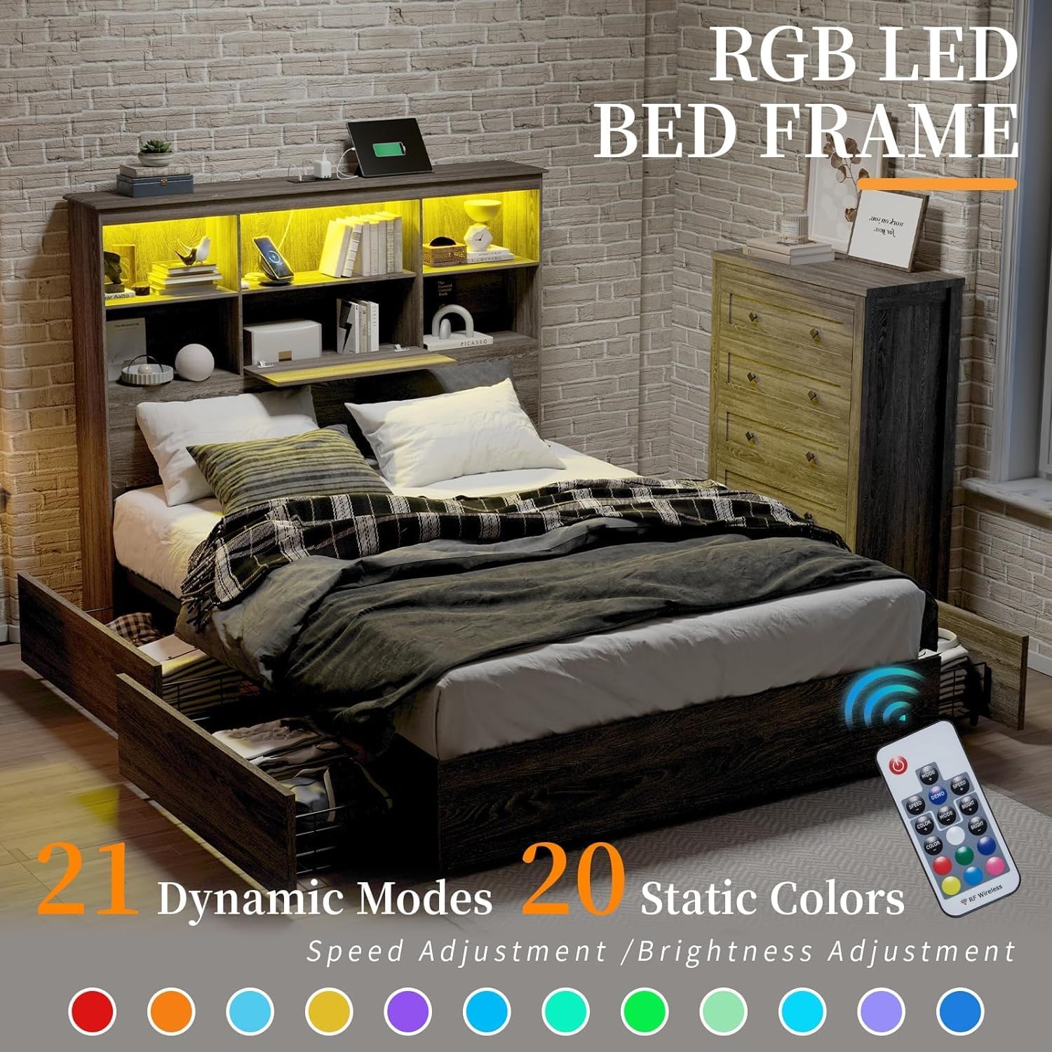 5-Piece Farmhouse Bedroom Set, 1 X Queen Size Bed Frame, 1 X 5 Drawer Dresser, 1 X Wood Rustic 6 Drawer Storage Dresser, Nightstand Set of 2 with Charging Station, Bedroom Furniture Set, Grey - Image 4