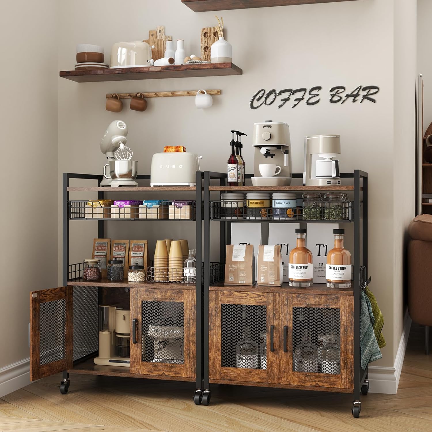 Coffee Bar Cabinet, 3 Tier Coffee Station Table on Wheels, 35.9" H Bar Cart with Wire Basket Drawer & 5 Hooks for Home Kitchen, Liquor Buffet Sideboard Cabinet (Rustic Brown) - Image 2