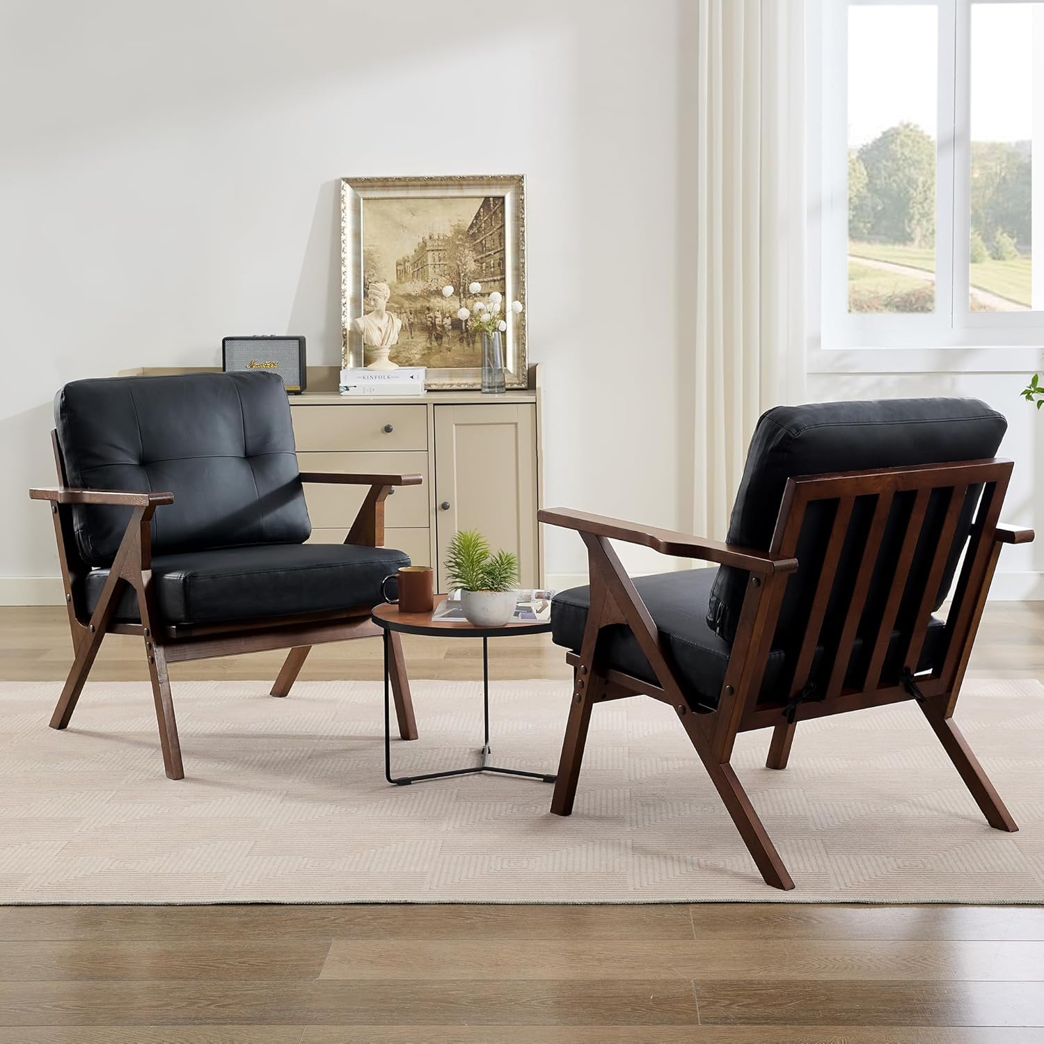 STHOUYN Black Leather Office Accent Chair Set of 2 with Wooden Arms, Comfy Guest Waiting Room Chairs, Mid Century Modern Chair, Side Arm Chairs for Living Room (Black, 2pcs) - Image 9